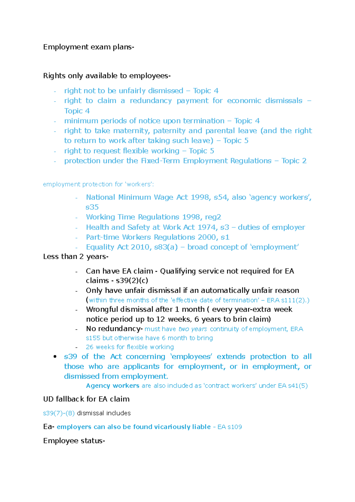 Employment Law Essay Plan: Rights Against Unfair Dismissal and ...