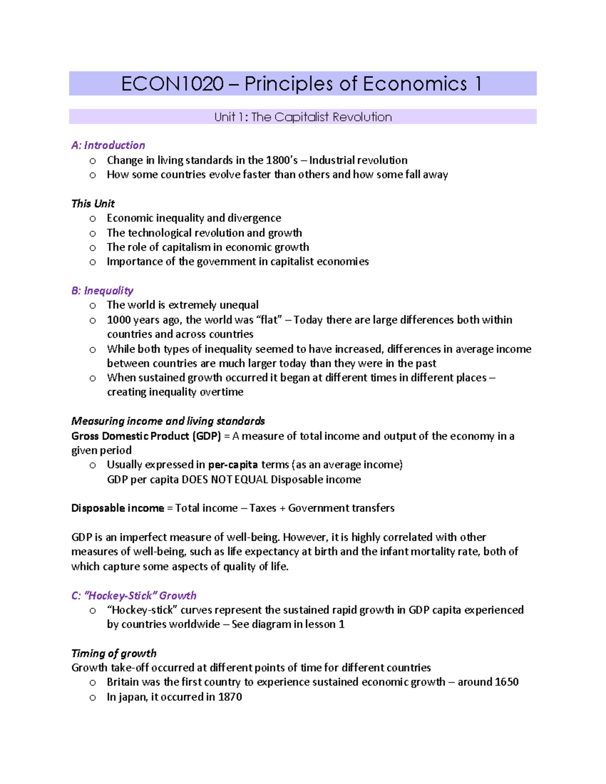 ECON1020 Final Notes - ECON1020 – Principles of Economics 1 Unit 1: The ...