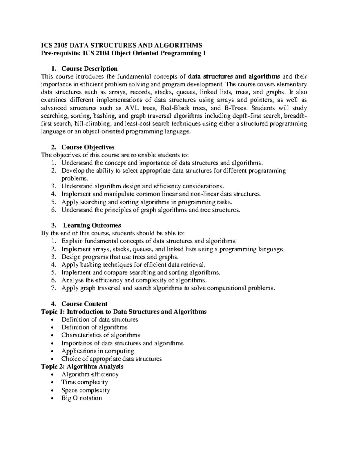 ICS 2105 Course Outline: Data Structures & Algorithms Overview - Studocu