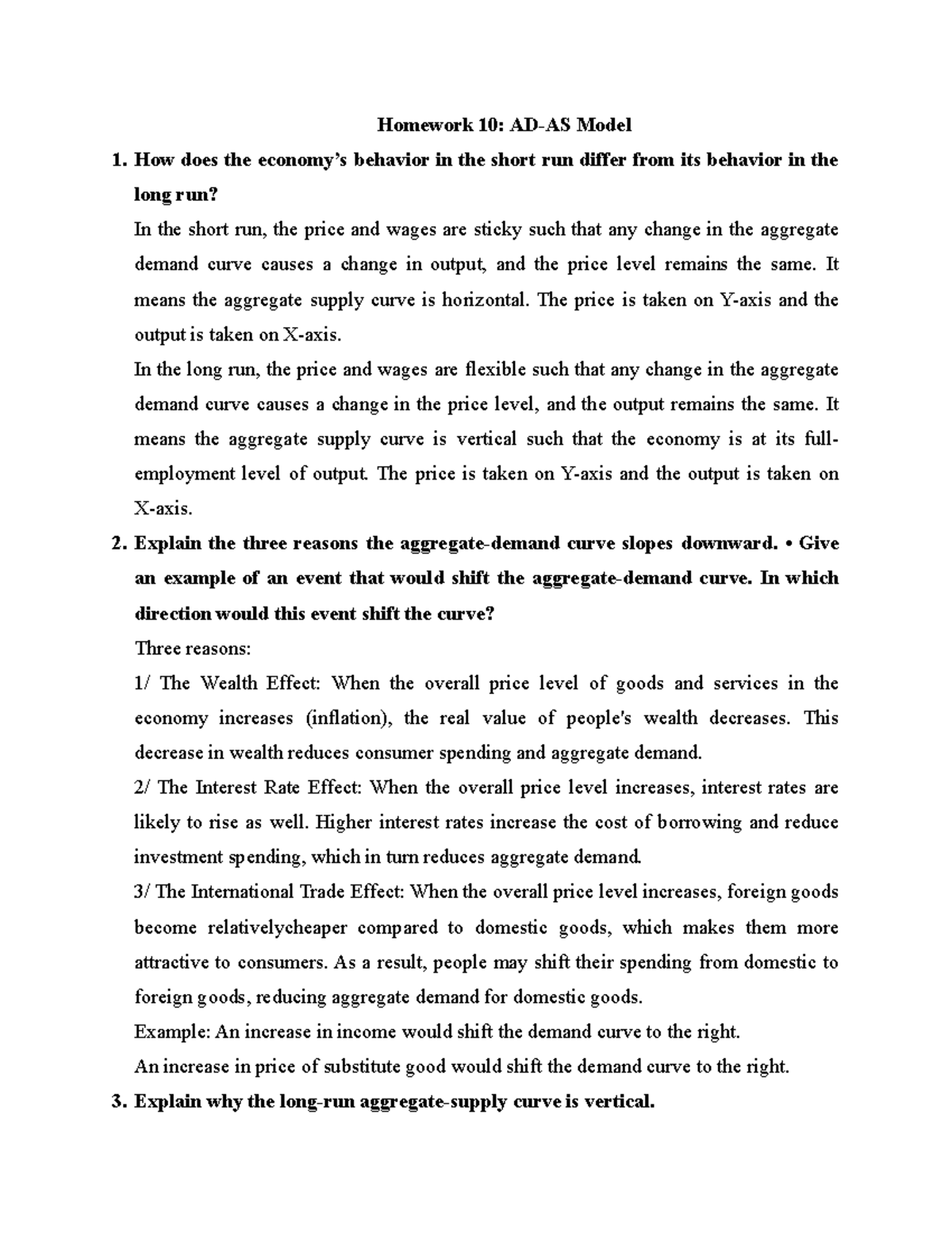 Homework 10 - Homework 10: AD-AS Model How does the economy’s behavior ...