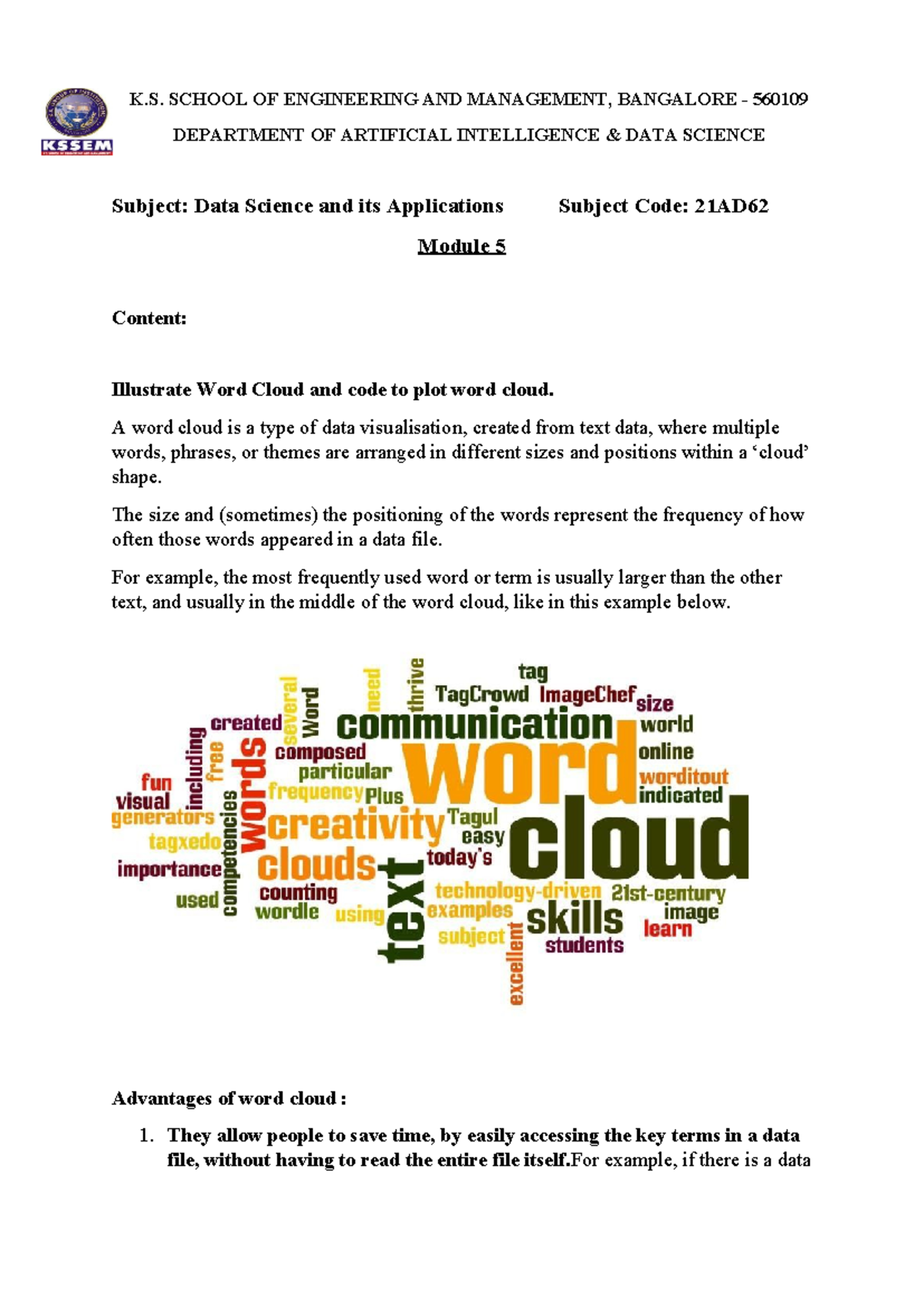 21AD62 Module 05 - moudle 5 notes - K. SCHOOL OF ENGINEERING AND ...