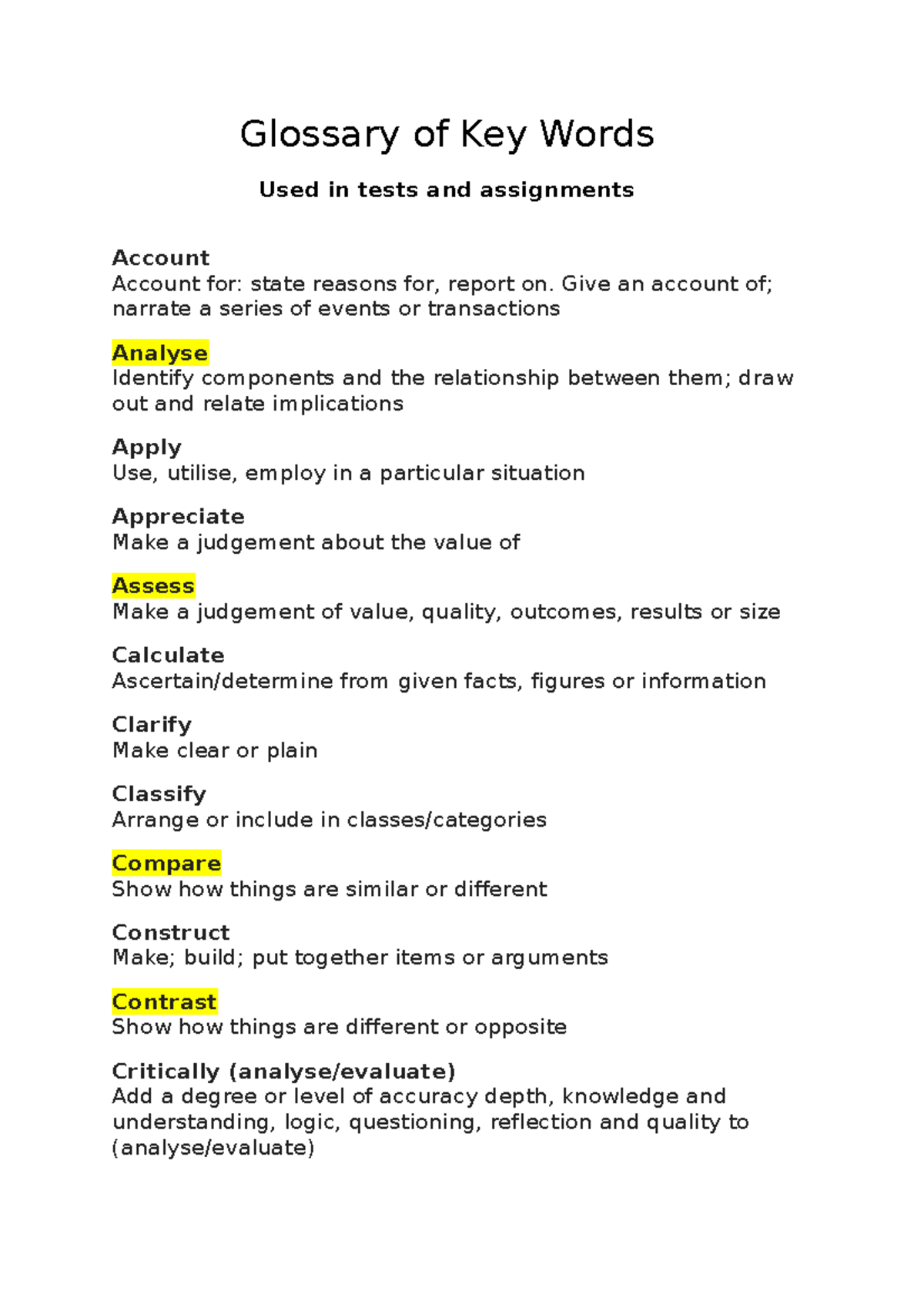 Glossary of Key Words - Glossary of Key Words Used in tests and ...