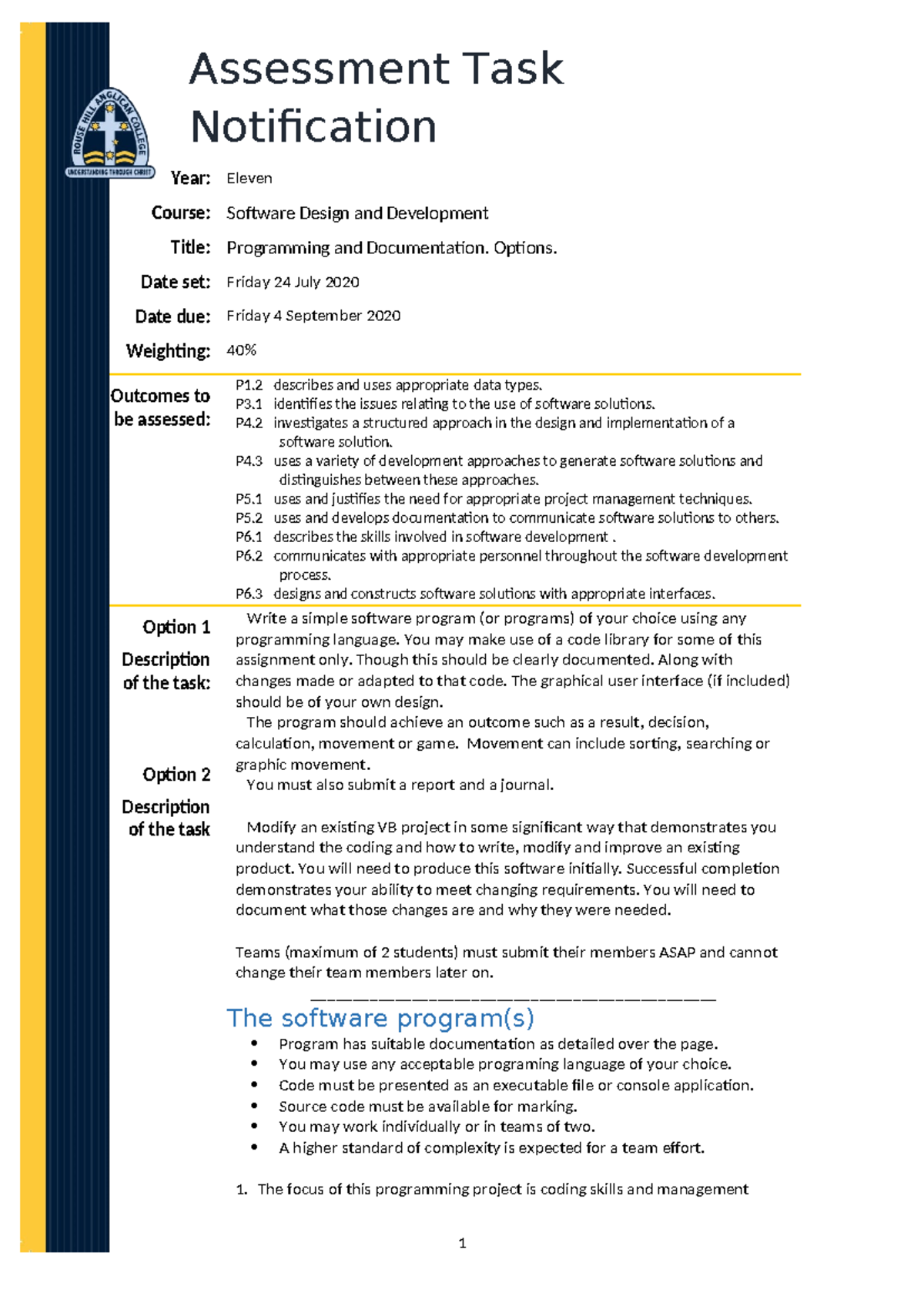 Programming Assignment 2020: Software Design and Development Task 2 ...
