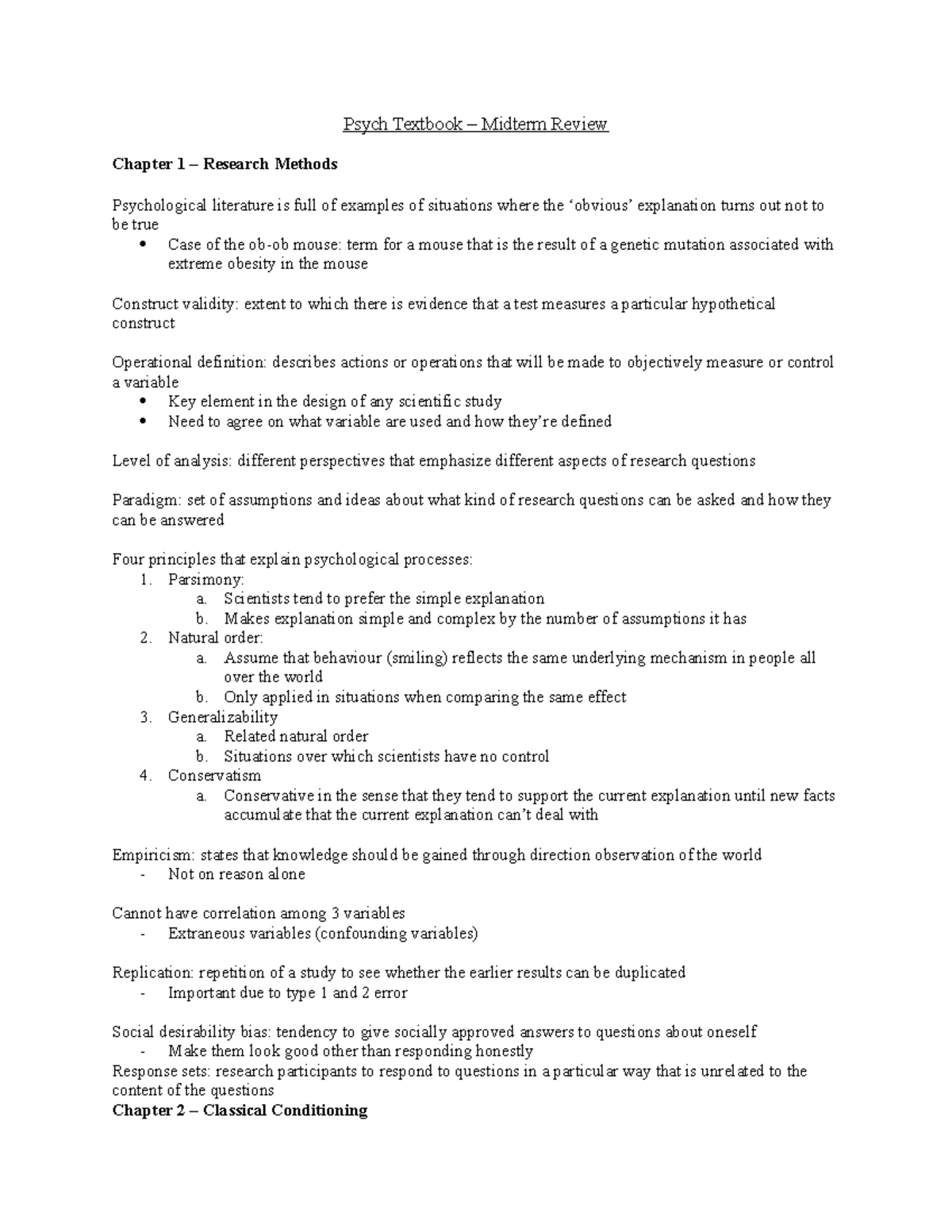 Psych 101 - Midterm Review Notes on Research Methods & Learning - Studocu