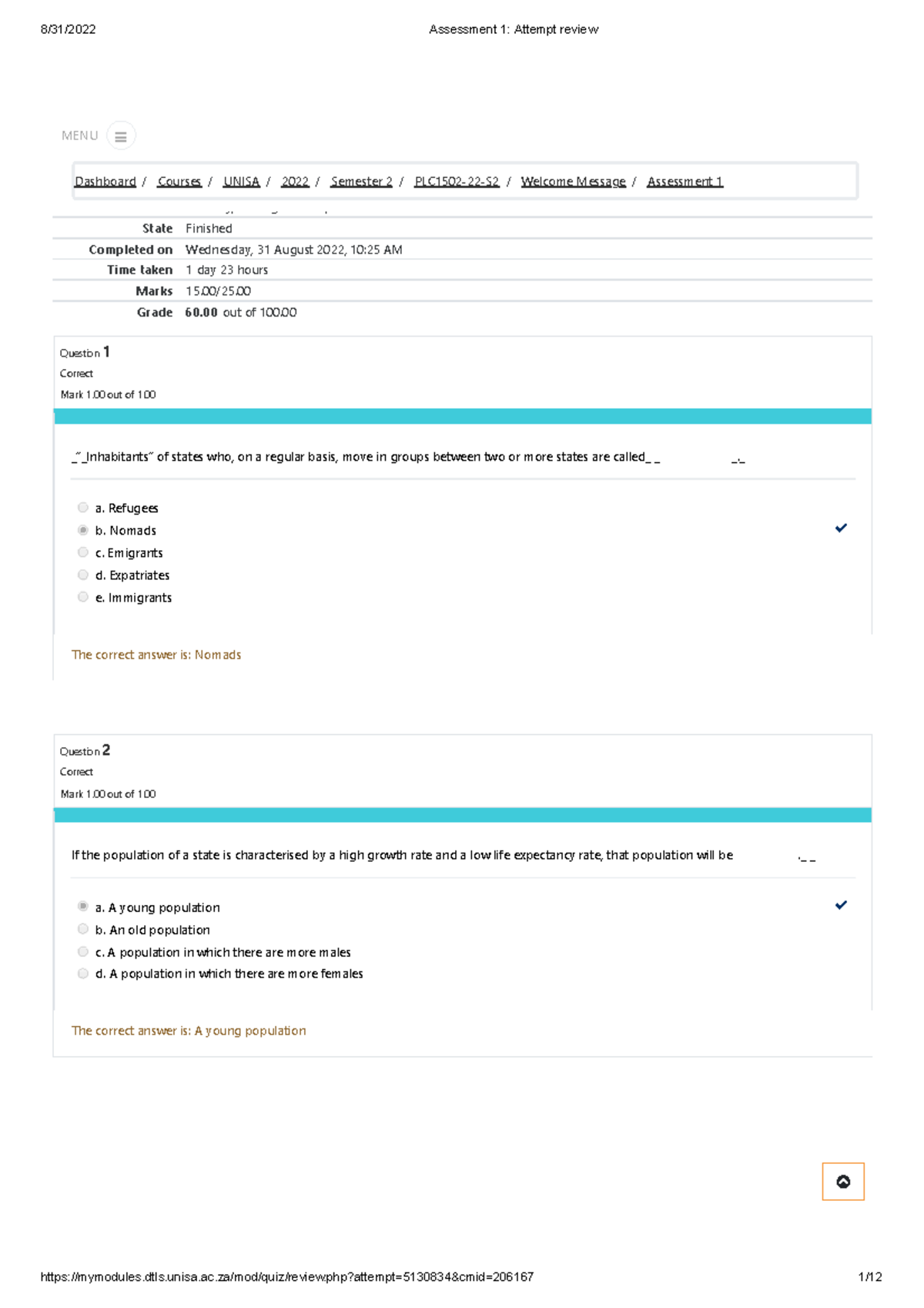 PLC1502 Assessment 1: Attempt Review and Feedback - Studocu