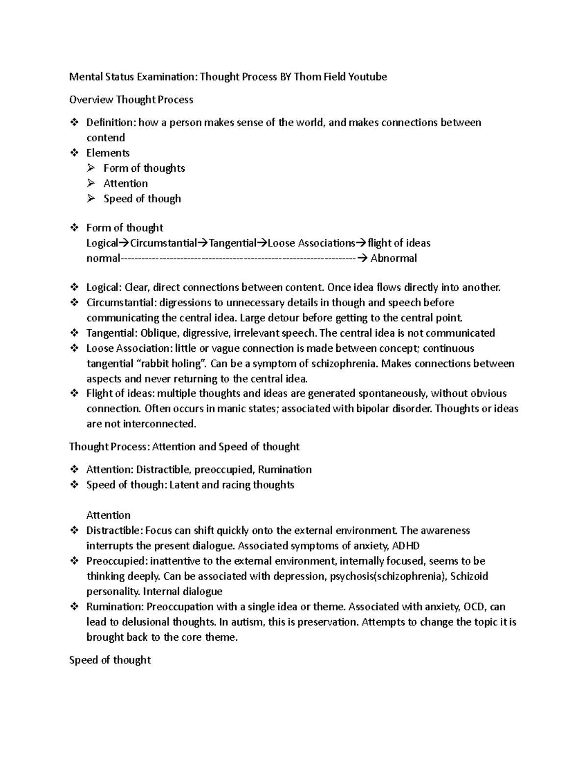 Mental Status Examination: Understanding Thought Processes - Studocu