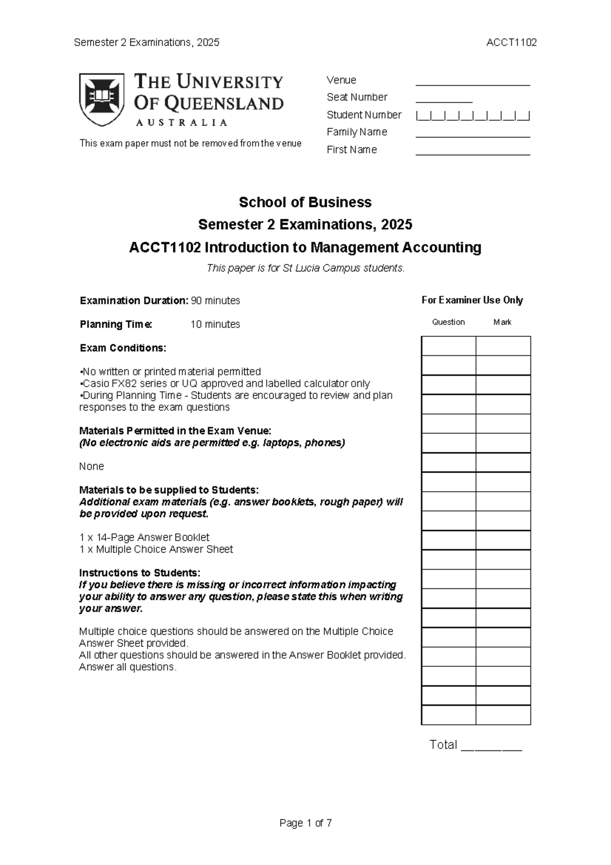 ACCT1102 Semester 2 Exam Paper 2025 - Studocu