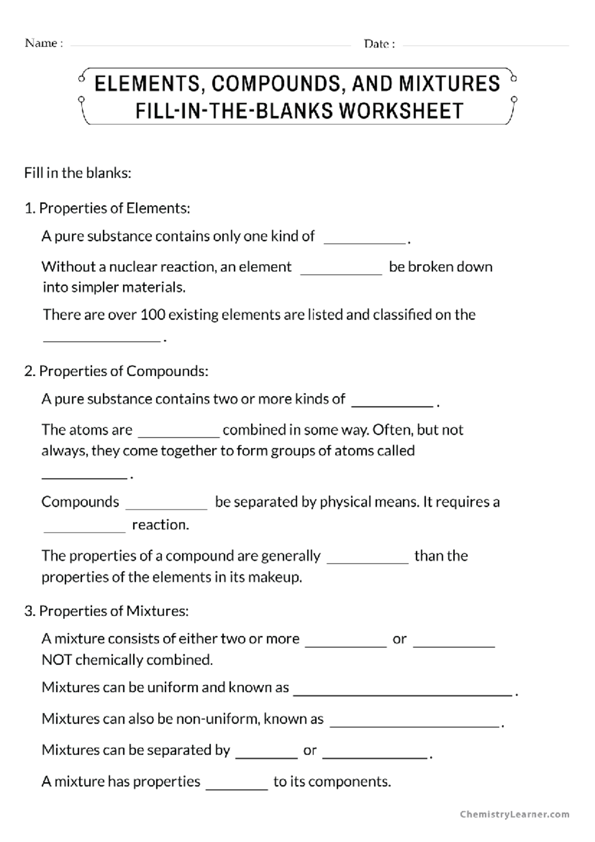 CHEM 101: Elements, Compounds, and Mixtures Worksheet - Studocu