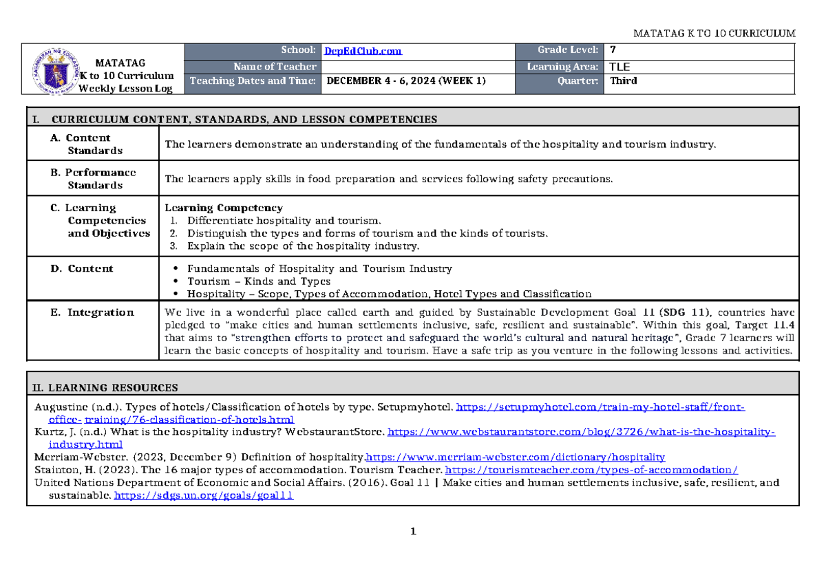 DLL Matatag TLE 7 Q3 W1 - LESSON LOG - MATATAG K to 10 Curriculum ...