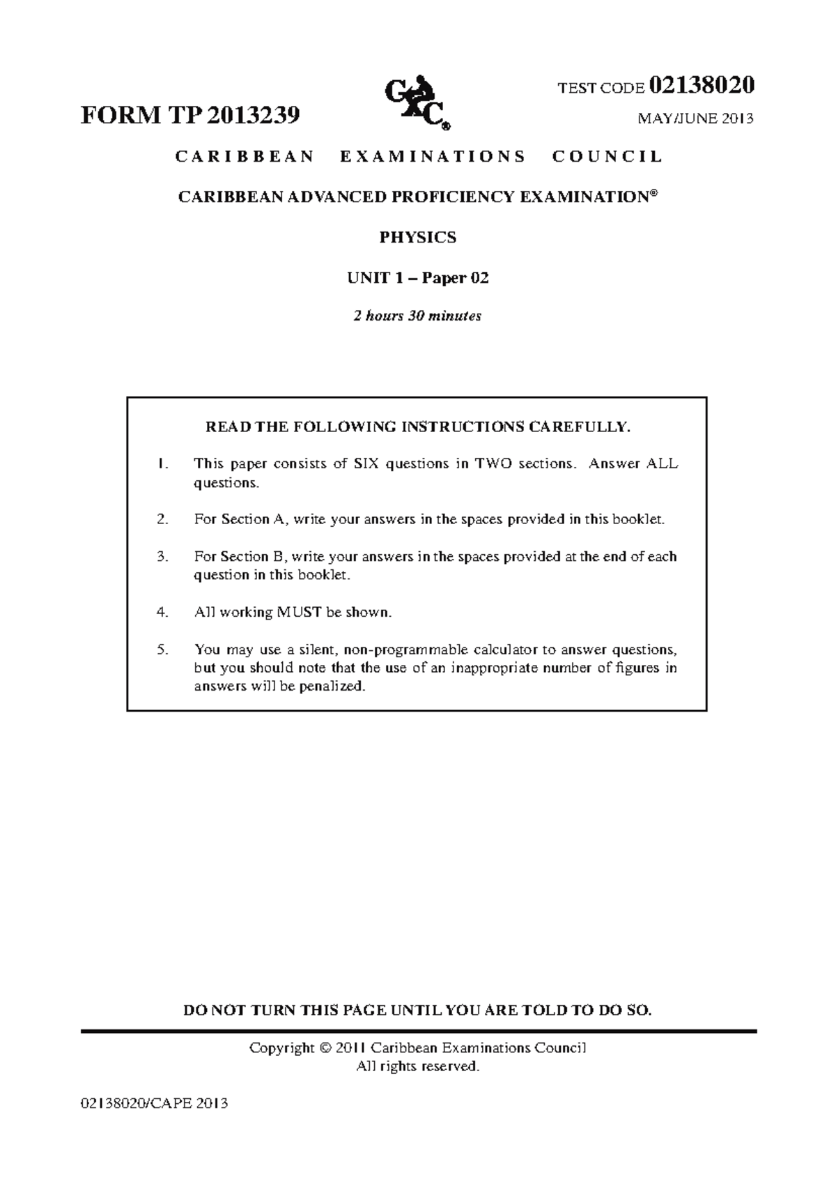 CAPE Physics Unit 1 Paper 02 Exam 2013 - Detailed Instructions and ...
