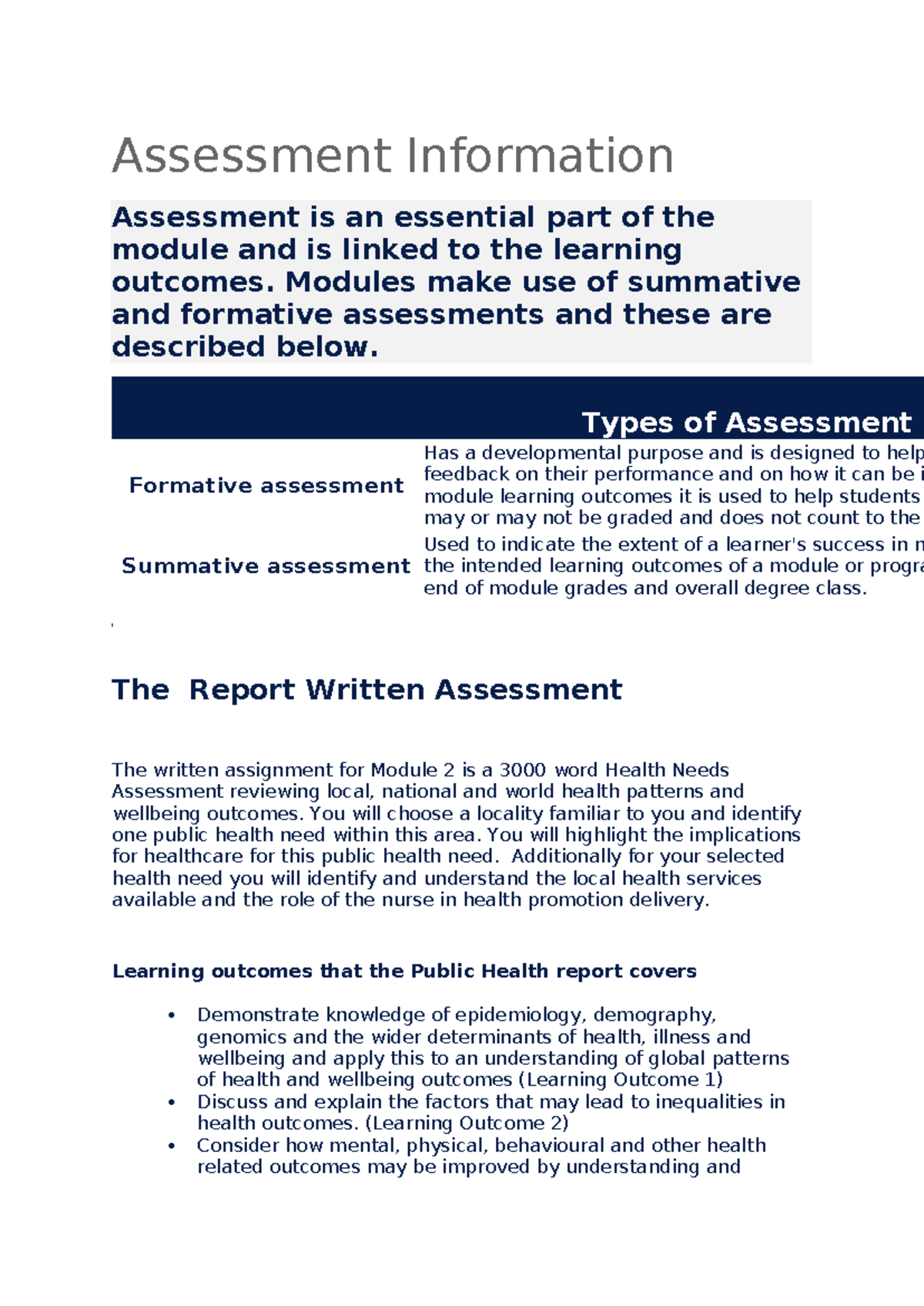 Assessment Information for Health Needs Report: Module 2 Guidelines ...