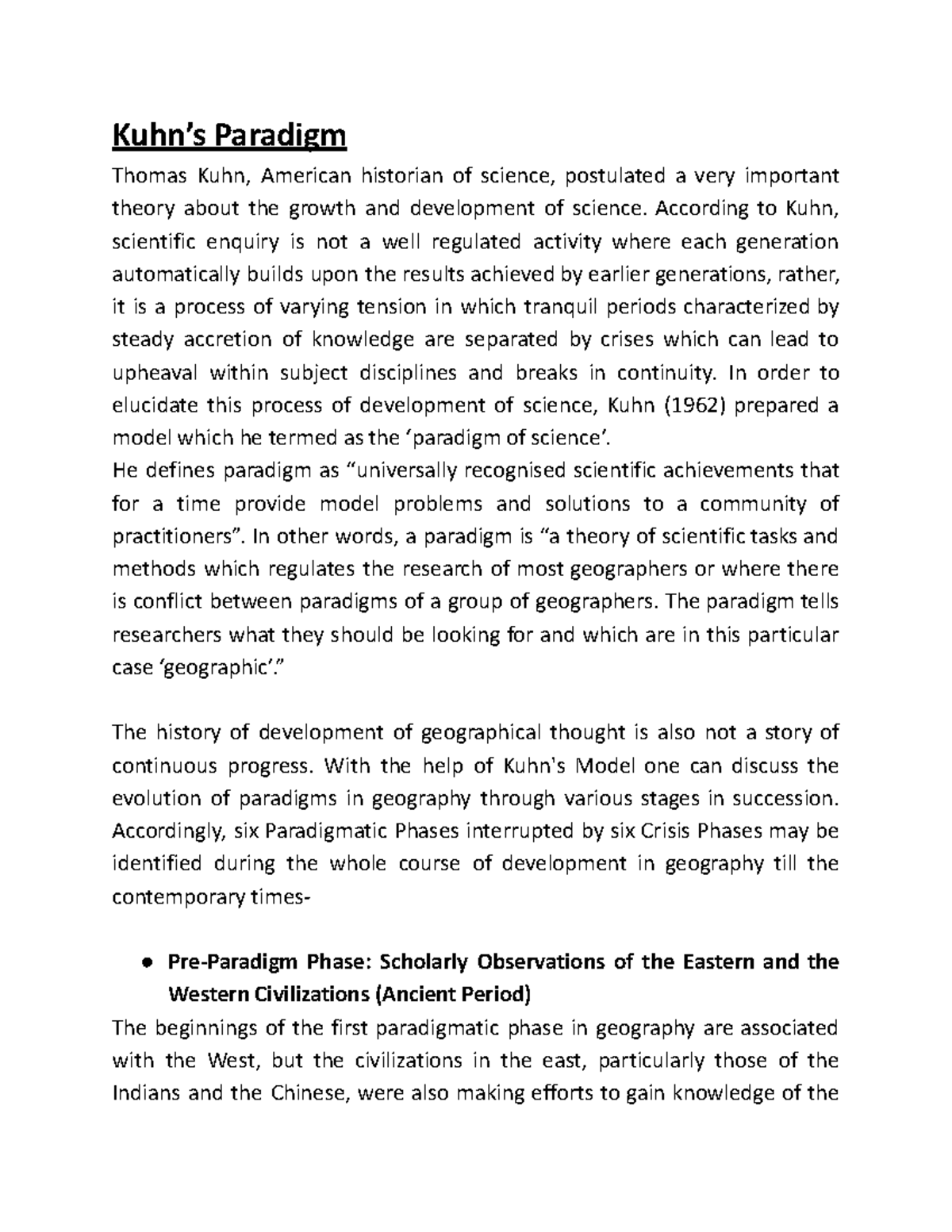 Kuhn’s Paradigm Model: Phases of Scientific Progress in Geography - Studocu