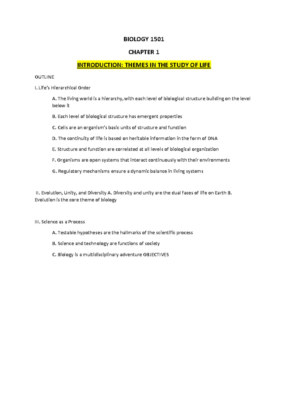 BIOLOGY 1501 CHAPTER 1 OUTLINE: THEMES IN THE STUDY OF LIFE - Studocu