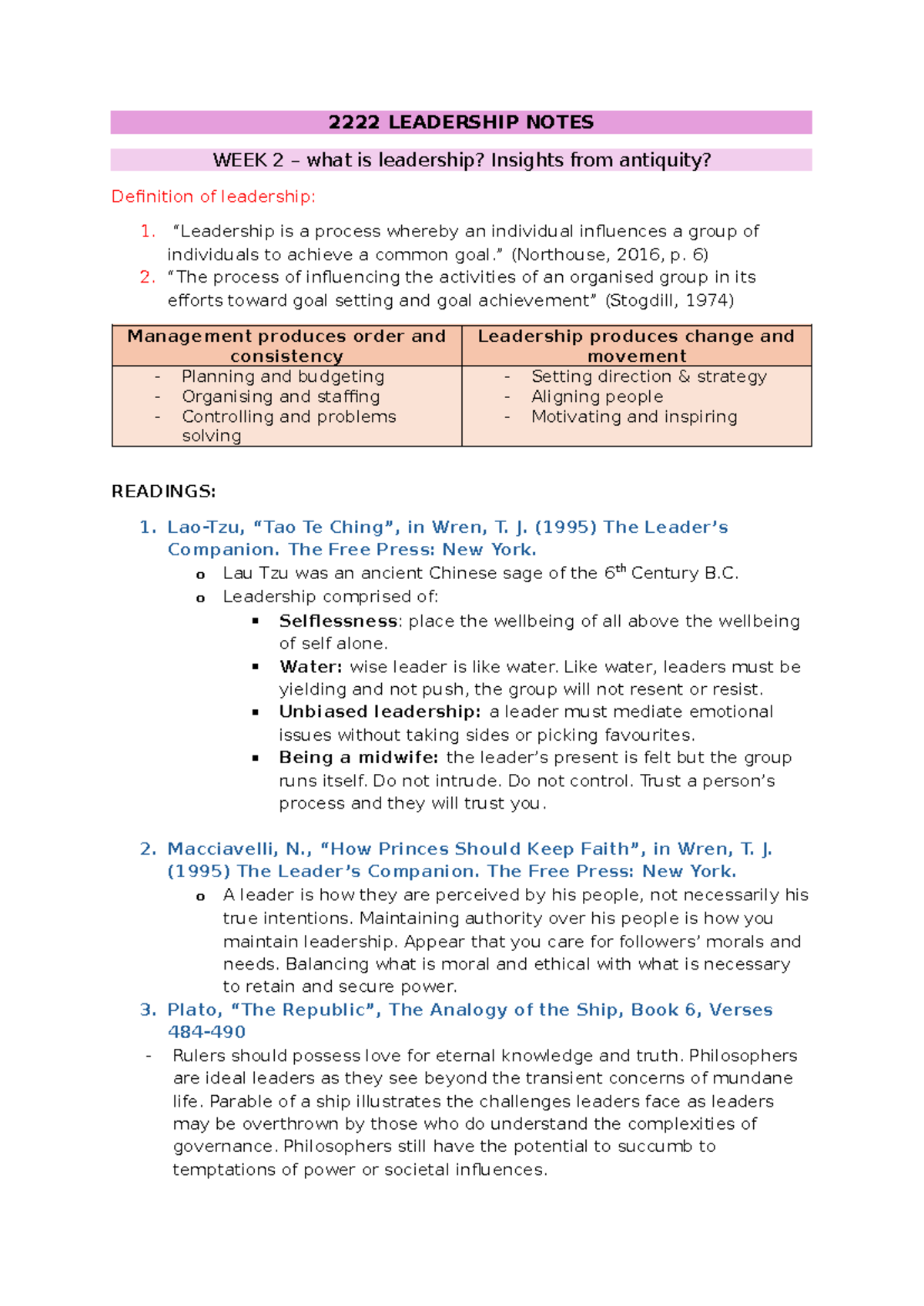 2222 Leadership Lecture Notes: Key Theories & Insights - Studocu