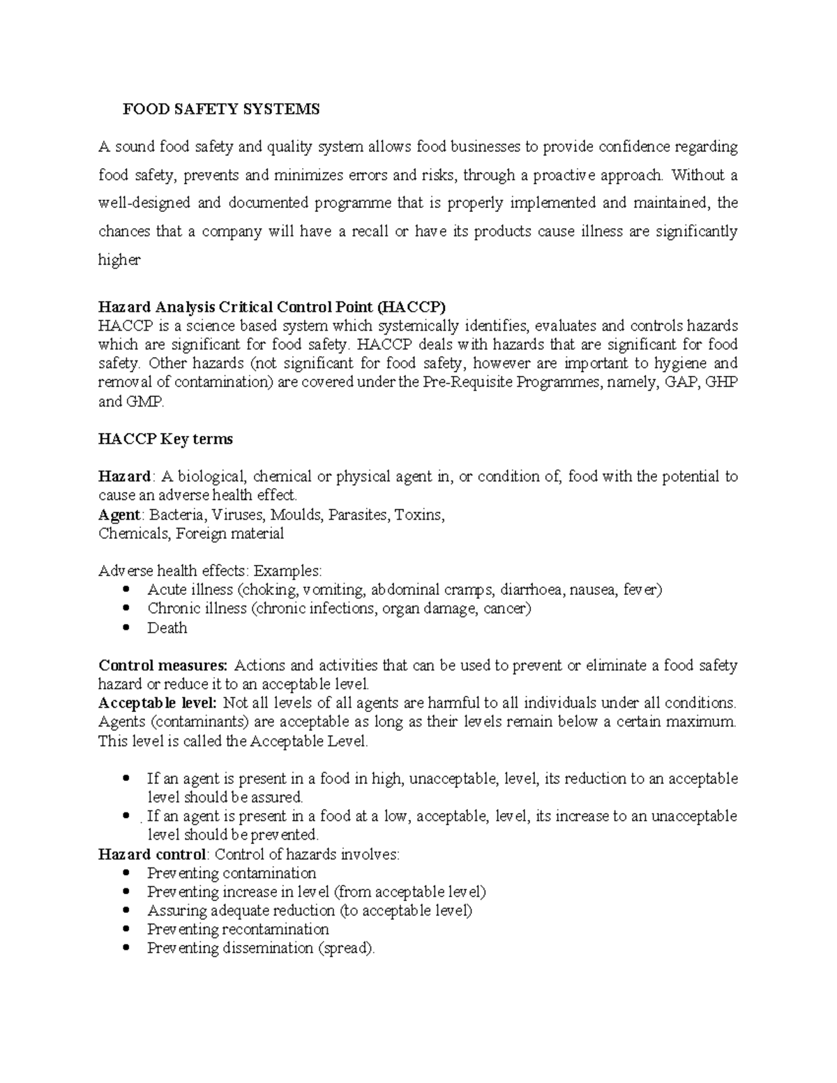 FOOD SAFETY SYSTEMS: Comprehensive HACCP Overview (Course Code: FS 101 ...