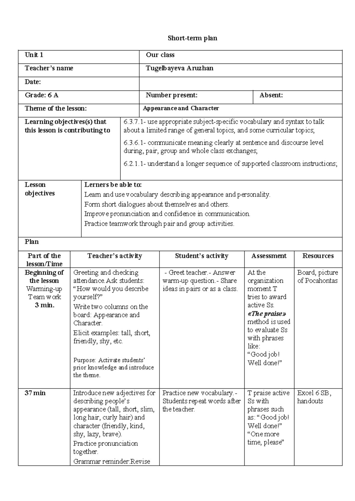 Unit 1 Lesson Plan: Appearance and Character for Grade 6 - Studocu