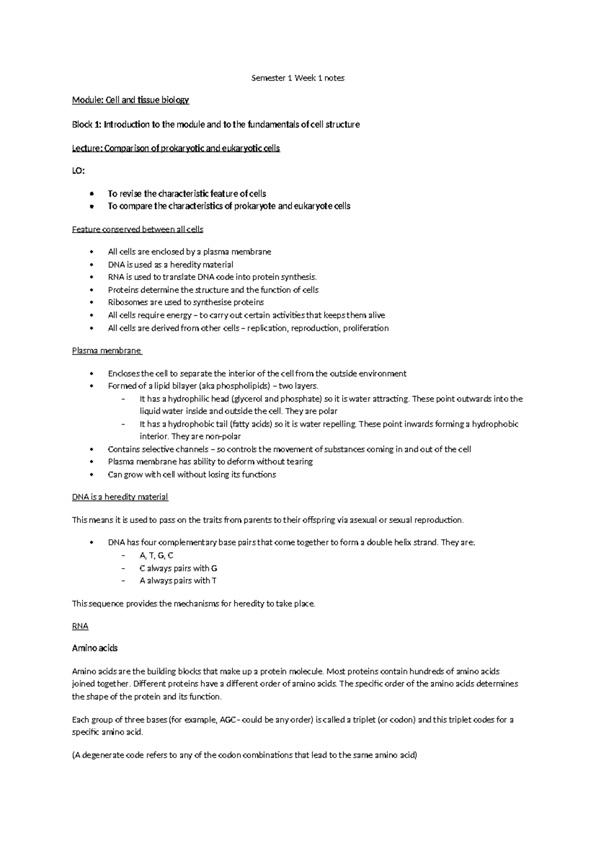 Cell and Tissue Biology (CB101) Week 1 Lecture Notes Summary - Studocu