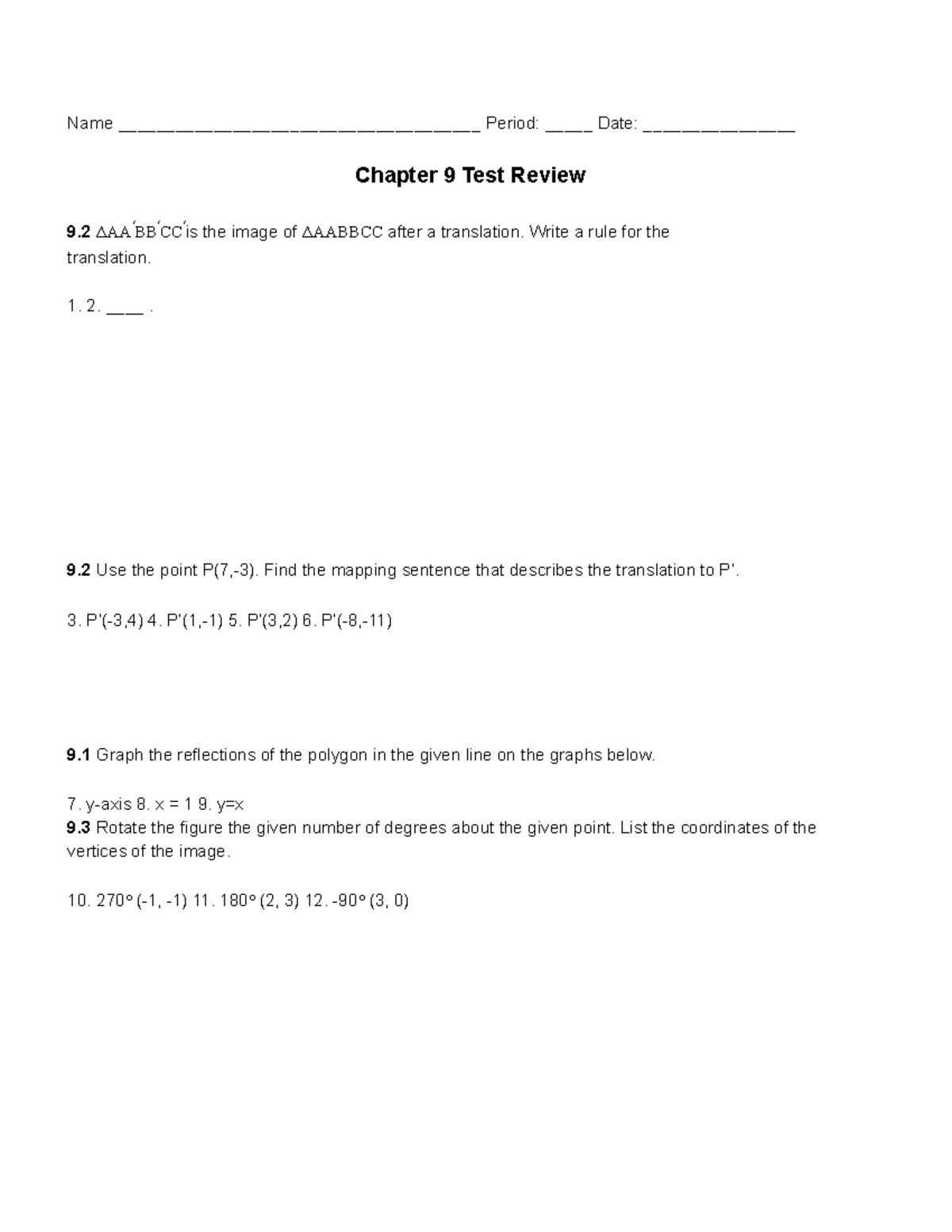 Ch 9 Test Review: Transformations & Symmetry Concepts - Studocu