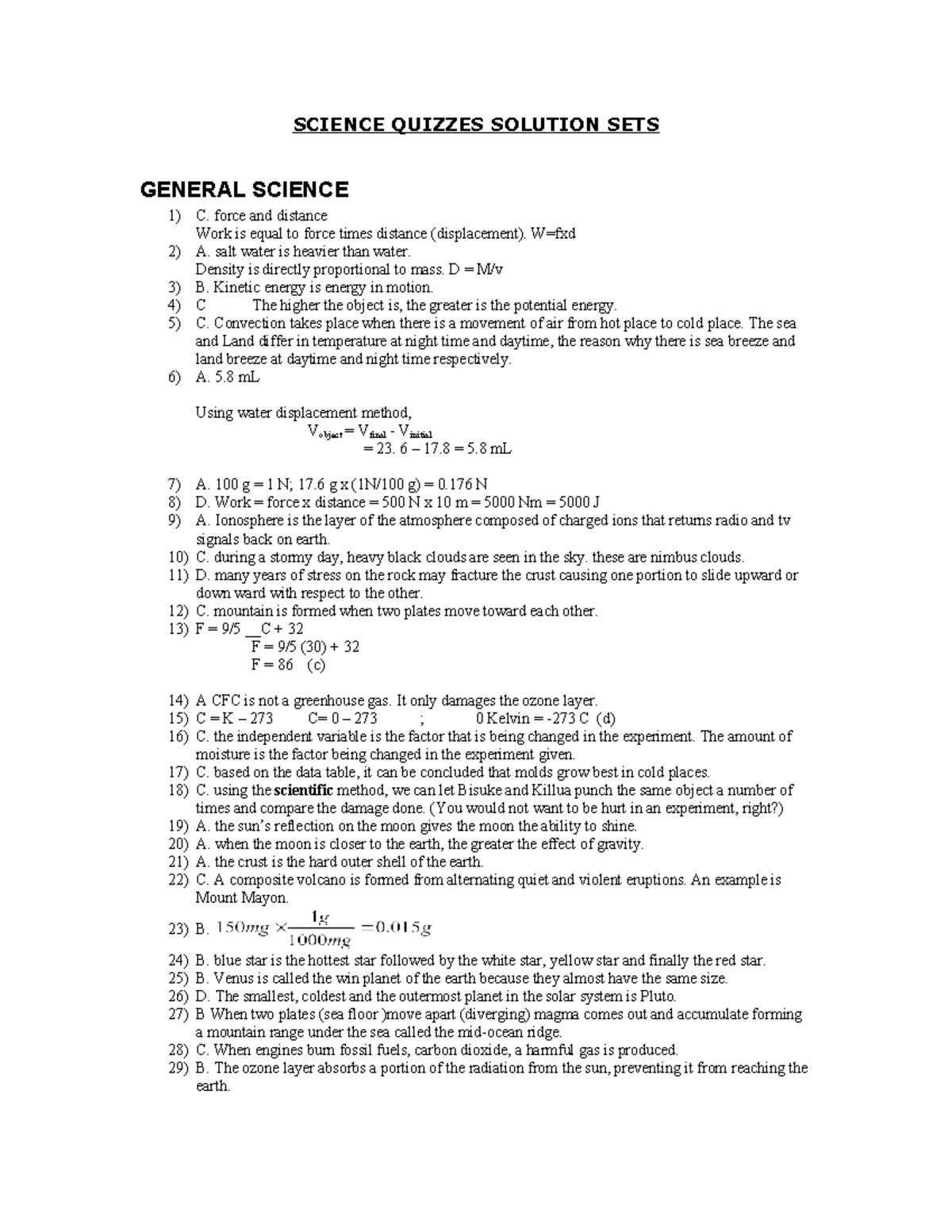 SCIENCE QUIZZES SOLUTION SETS (GENERAL SCIENCE) - Studocu