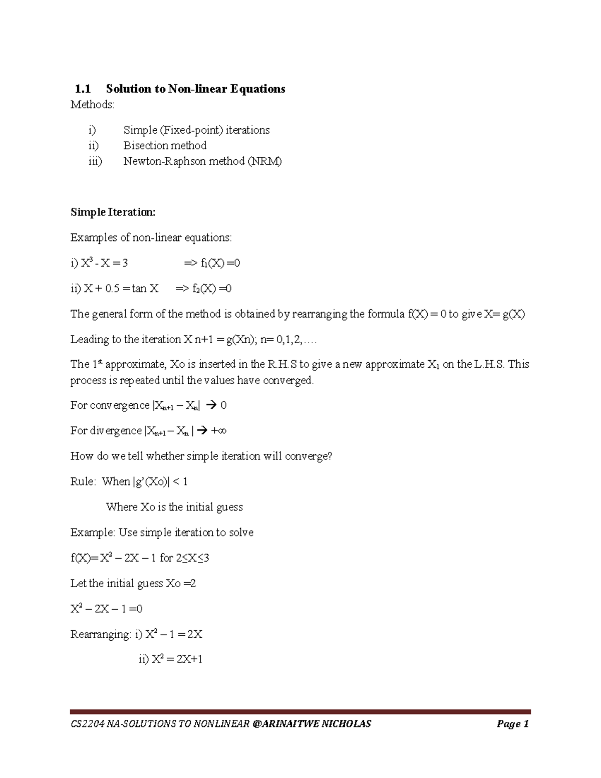 CS2204 NA Solutions to Non-Linear Equations: Iterative Methods ...