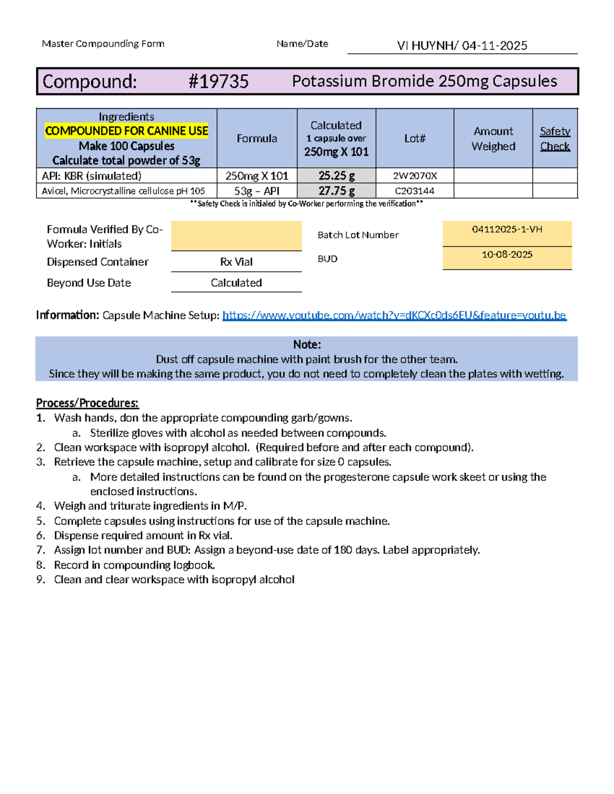 AC P24 KBr Capsules Worksheet 2024 - Master Compounding Form Name/Date ...