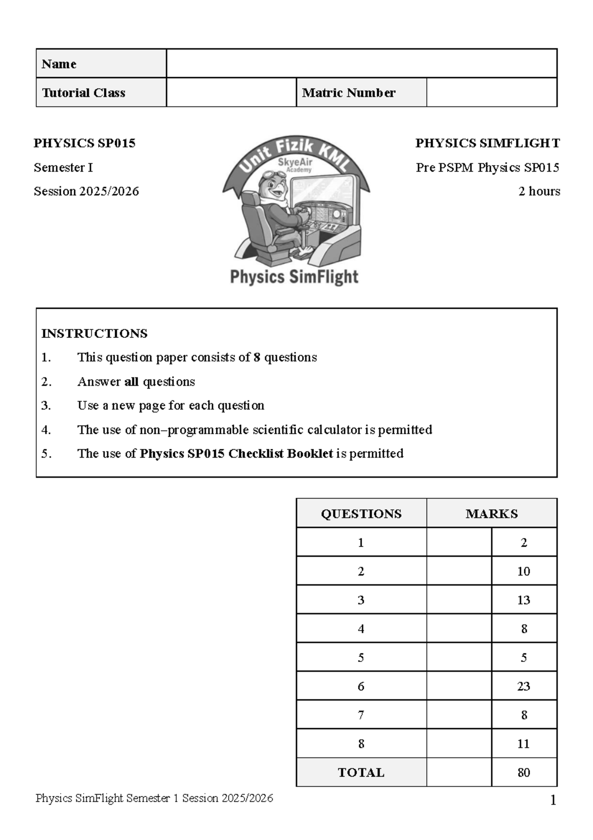 Physics SP015 Pre PSPM Tutorial Questions for Semester 1 - Studocu