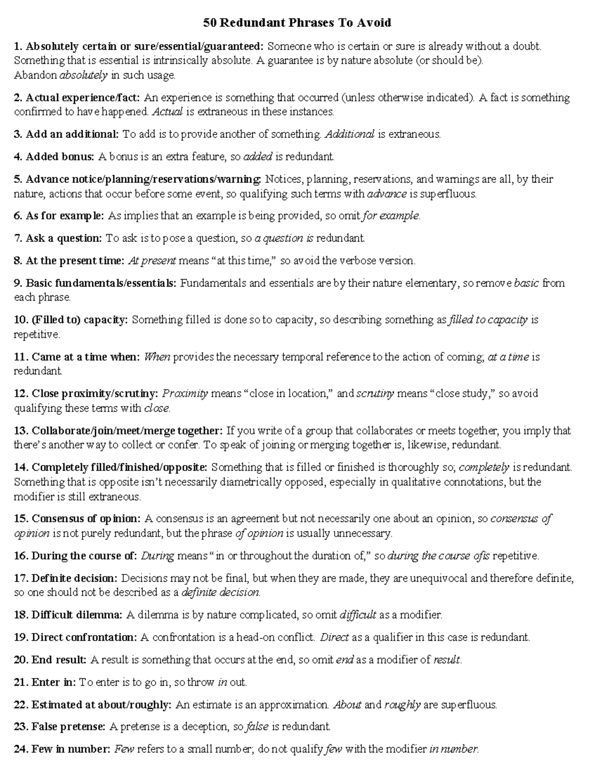 50 Redundant Phrases to Avoid in Writing: A Guide - Studocu