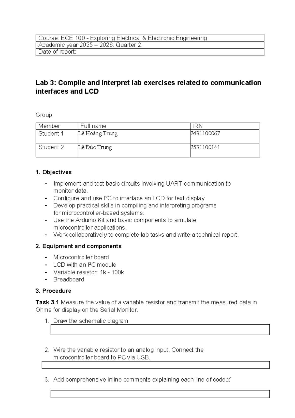 Lab 3: UART & I²C Communication in ECE 100 - 2025/2026 - Studocu