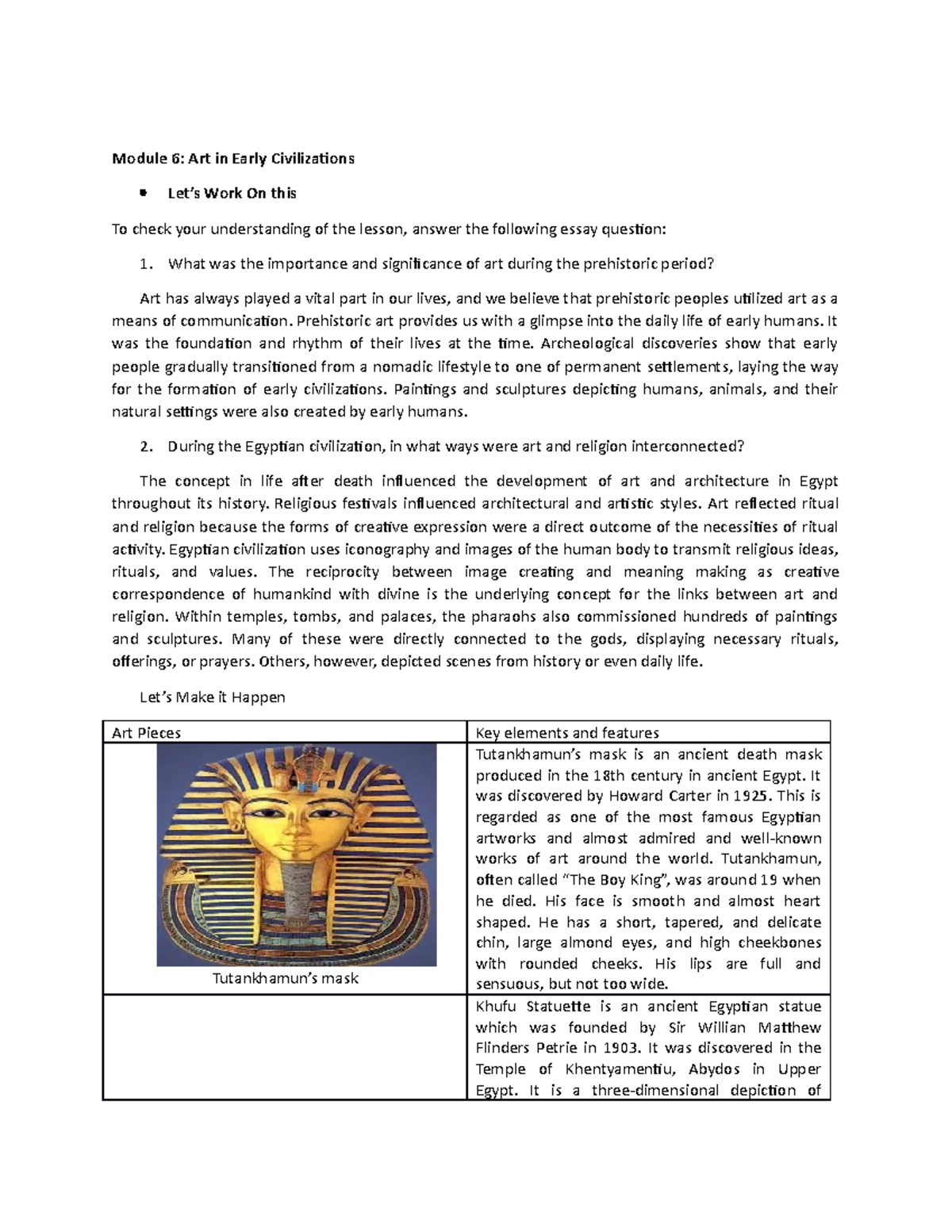 Art app Module 6 - Module 6: Art in Early Civilizations Let’s Work On ...