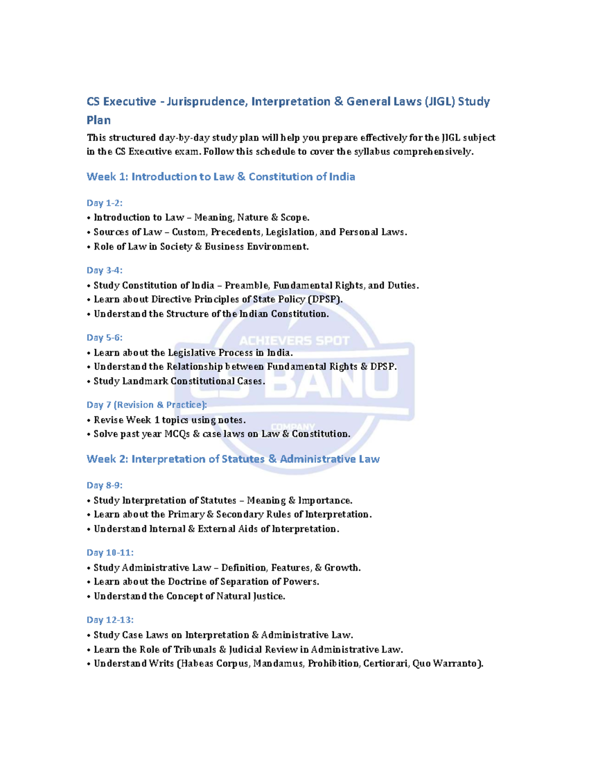 CS Executive JIGL Study Plan: Comprehensive Day-by-Day Guide - Studocu