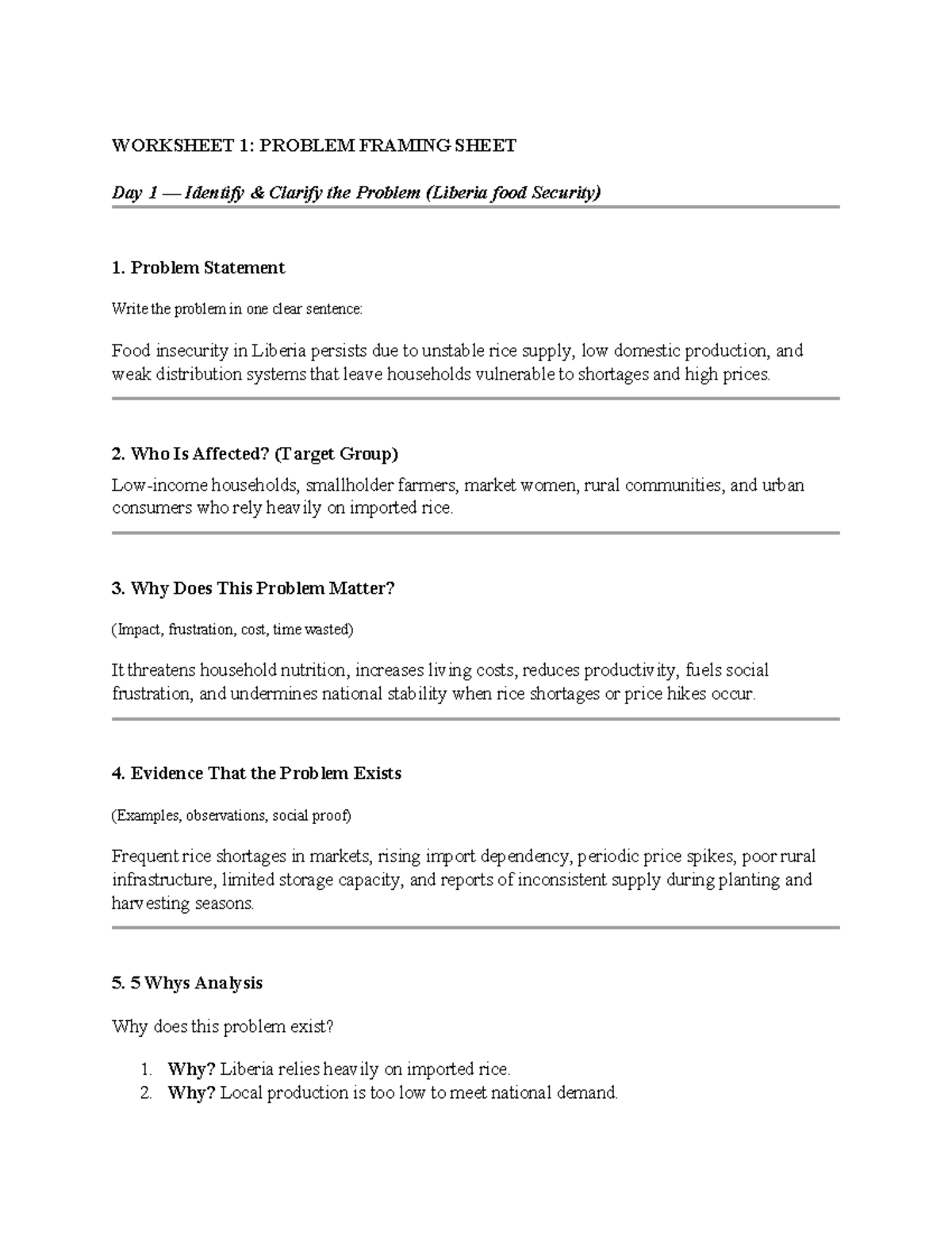 WORKSHEET 1: PROBLEM FRAMING SHEET on Liberia Food Security - Studocu