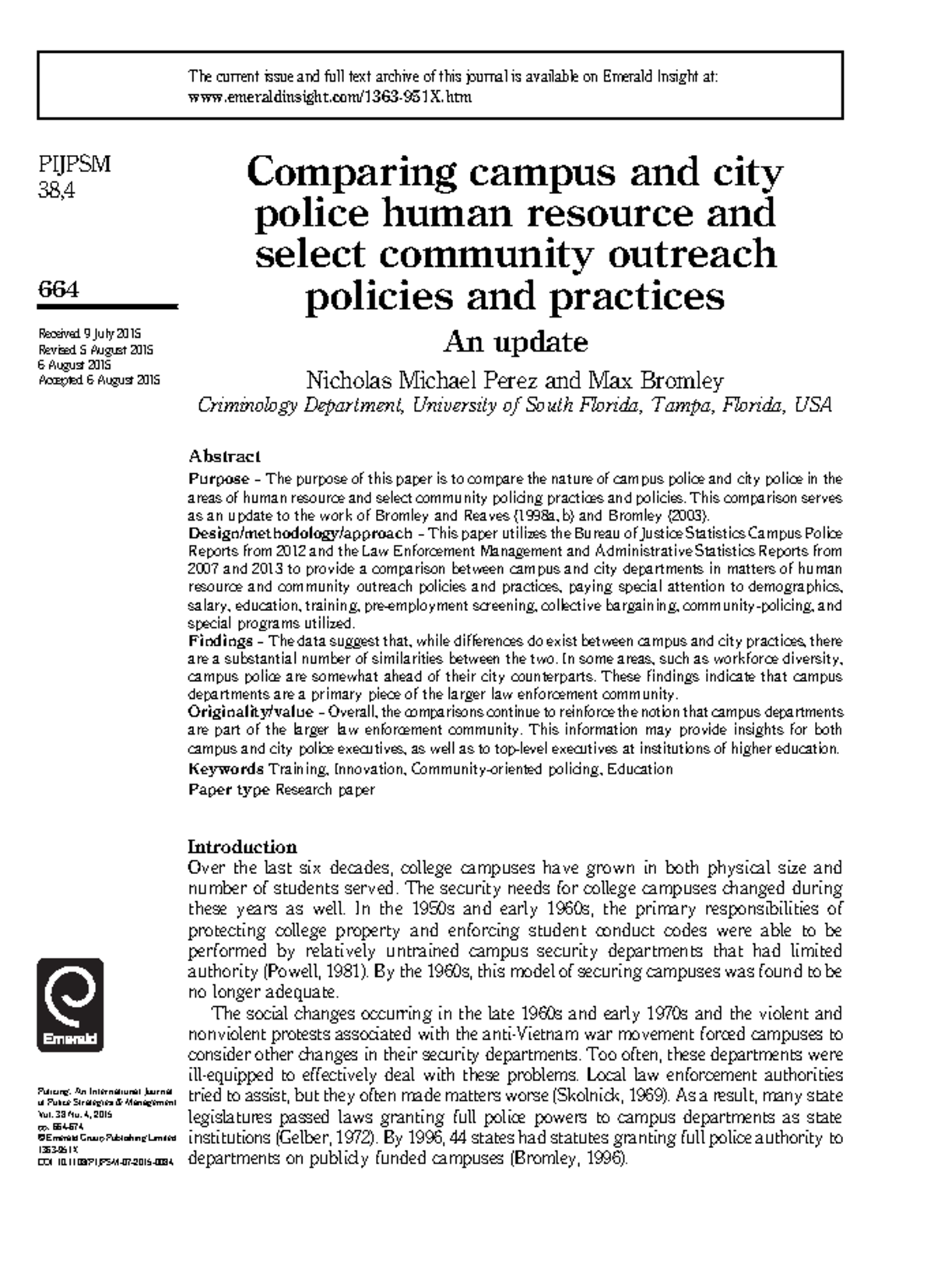 Article one- comparing camous city police - Comparing campus and city ...