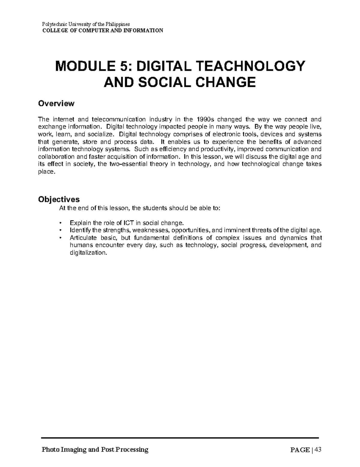I.T. Module 5: Digital Technology and Social Change Overview - Studocu