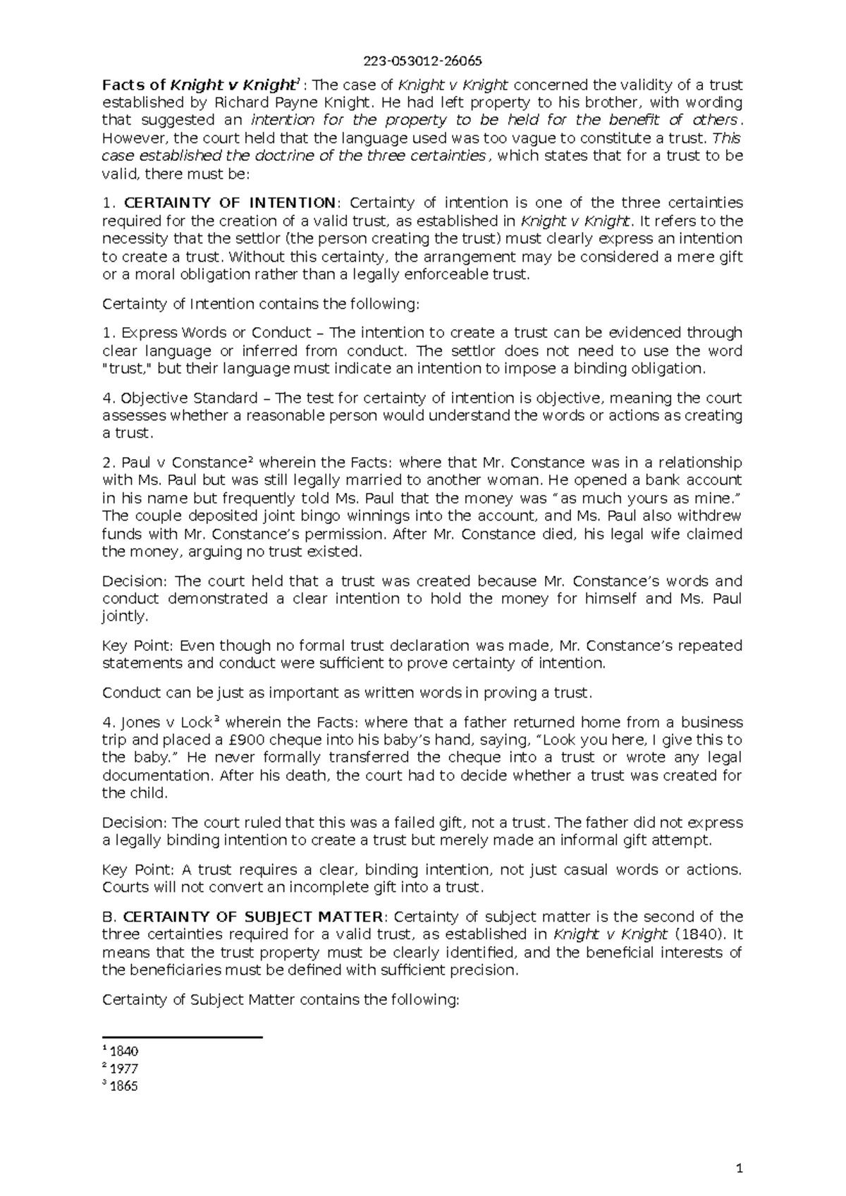 Knight v Knight: Understanding the Three Certainties in Trust Law - Studocu