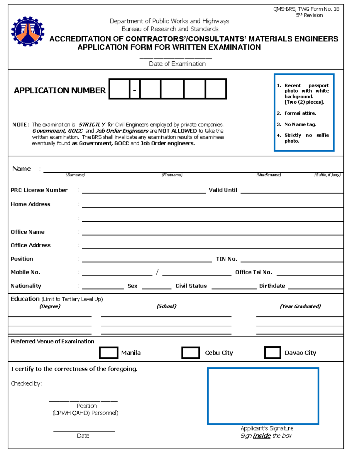 Form No. 18 (CCME Written Examination) - Department of Public Works and ...