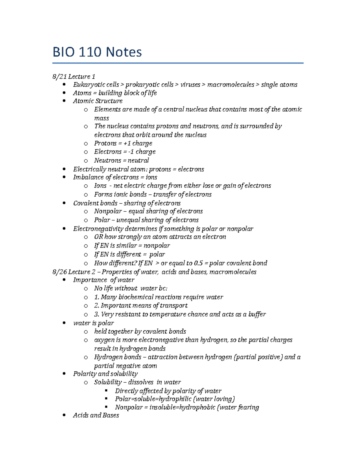 BIO 110 Lecture Notes: Eukaryotic Cells, Macromolecules & Water ...