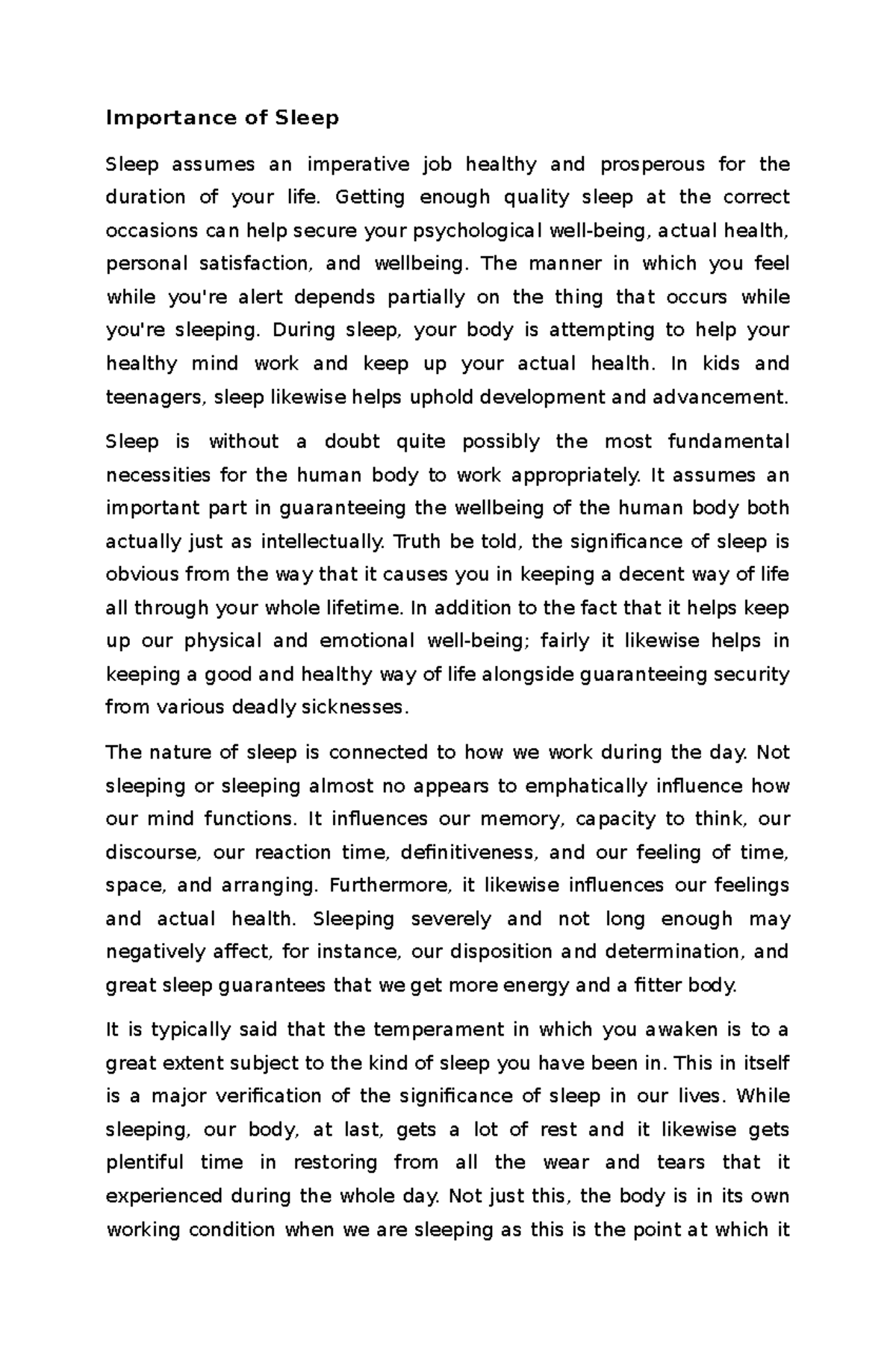 Importance of Sleep - Summary - Importance of Sleep Sleep assumes an ...