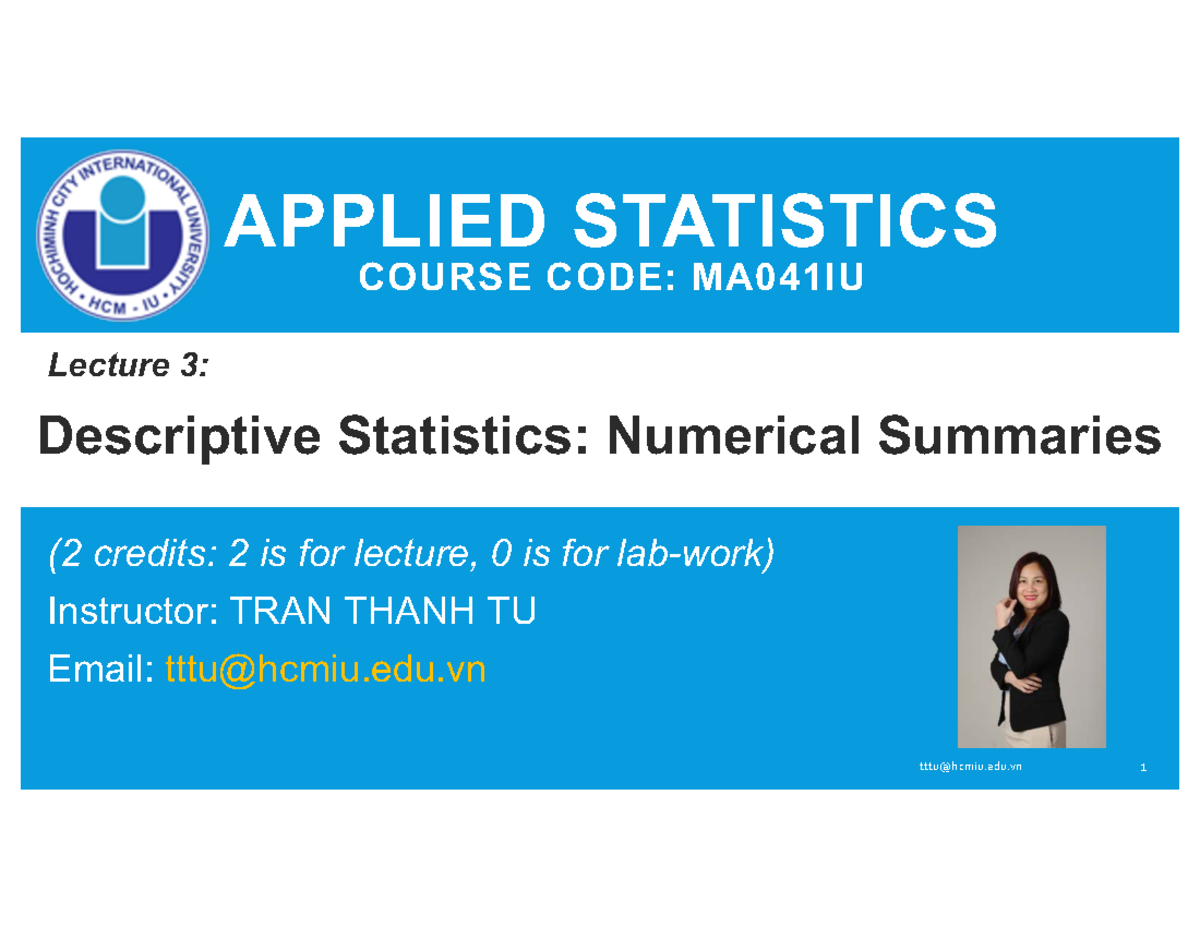 APPLIED STATISTICS MA041IU Lecture 3: Descriptive Stats Overview - Studocu