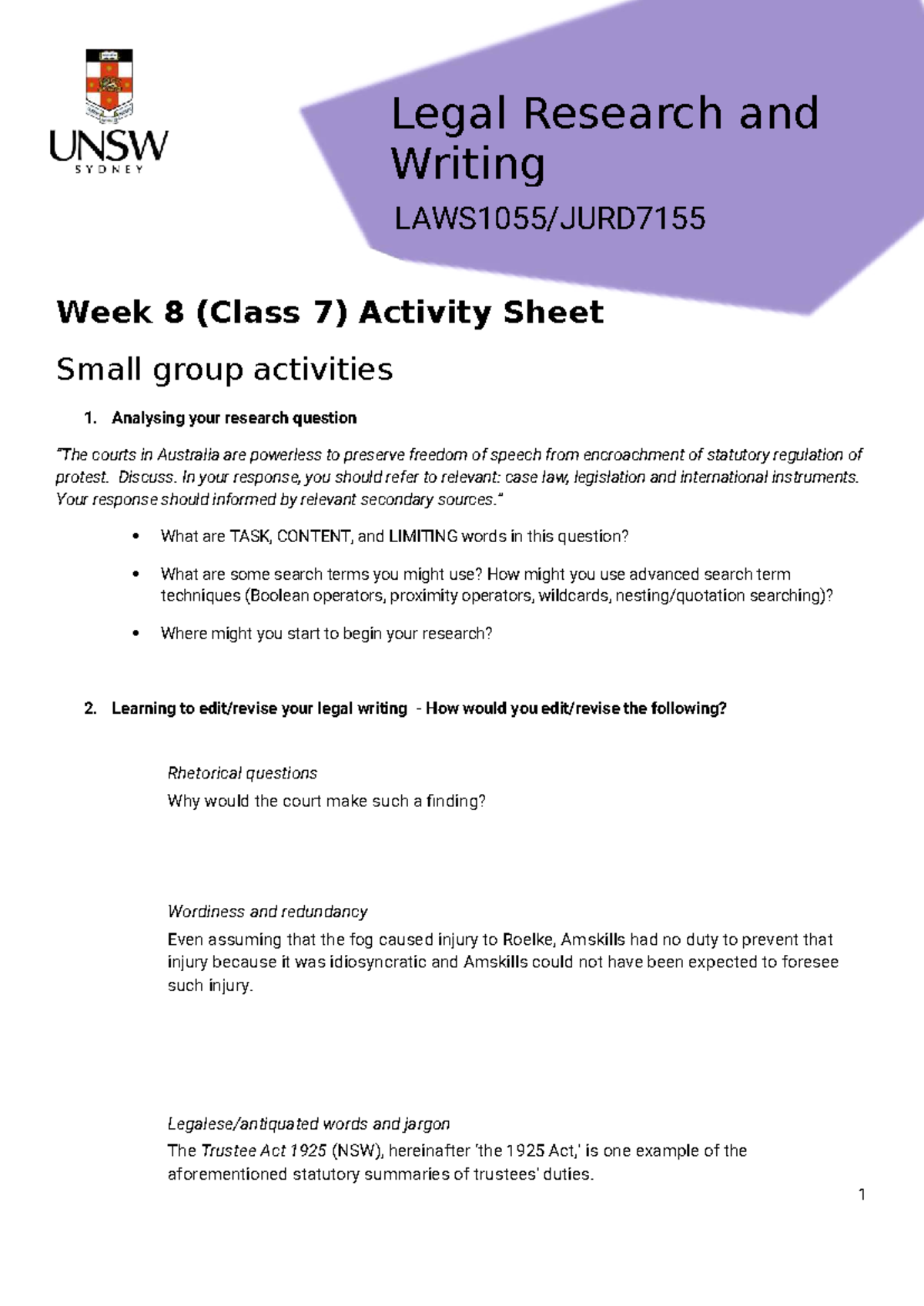 LRW 7 - Week 8 Activity Sheet: Analyzing Research Questions & Legal ...