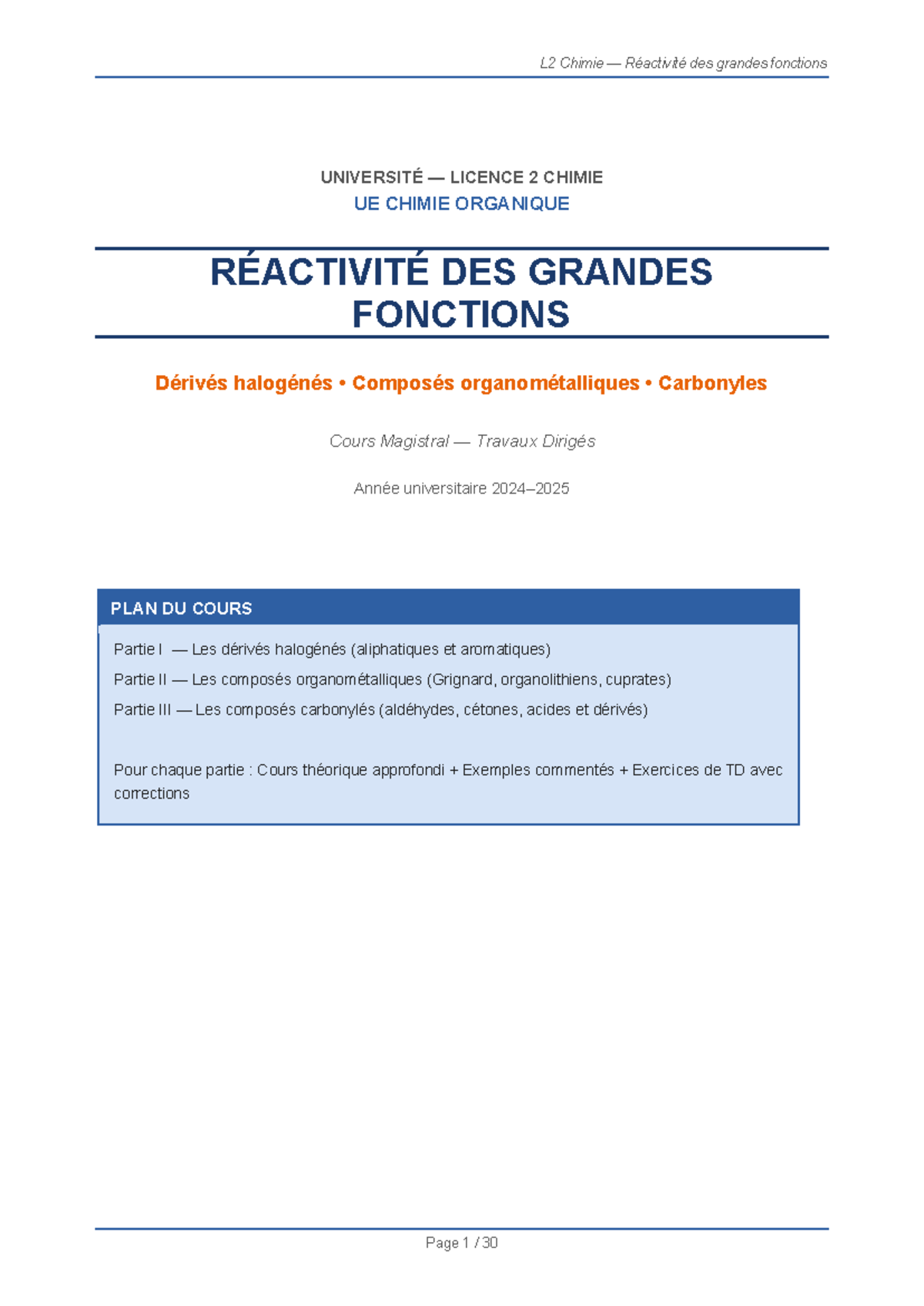 L2 Chimie - Cours sur la Réactivité des Grandes Fonctions - Studocu
