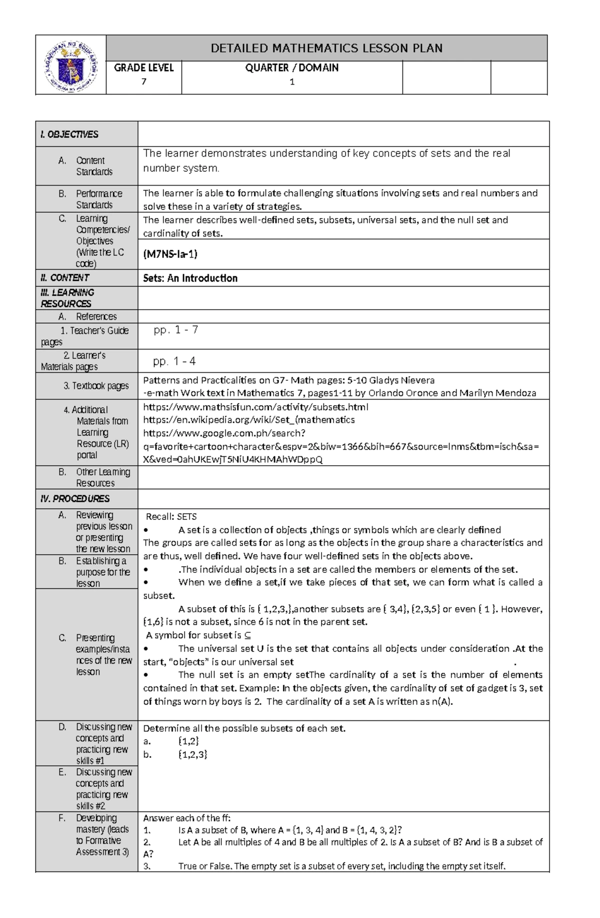 Grade 7 Math Lesson Plan: Sets & Real Numbers (Quarter 1) - Studocu