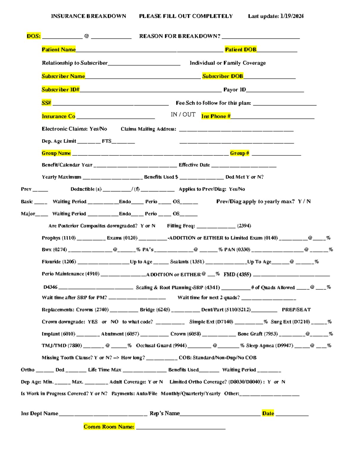 2024 Insurance Breakdown - • = INSURANCE BREAKDOWN PLEASE FILL OUT ...