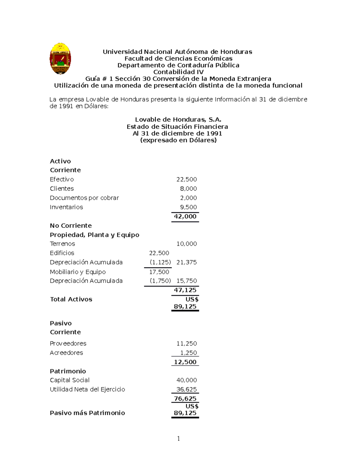 Guía #1 Contabilidad IV: Conversión de Moneda Extranjera (Lempiras) - Document Preview
