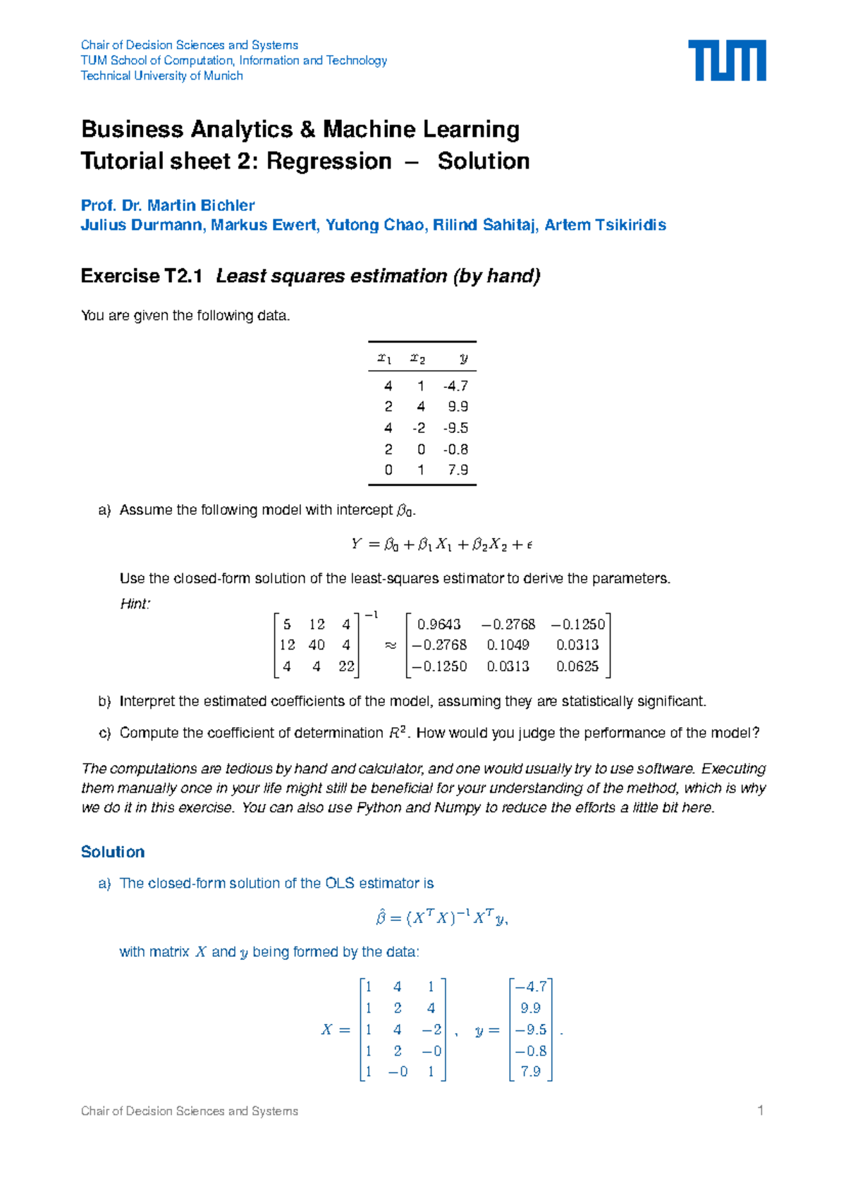 T02 - Business Analytics Machine Learning Tutorial 2: Regression ...