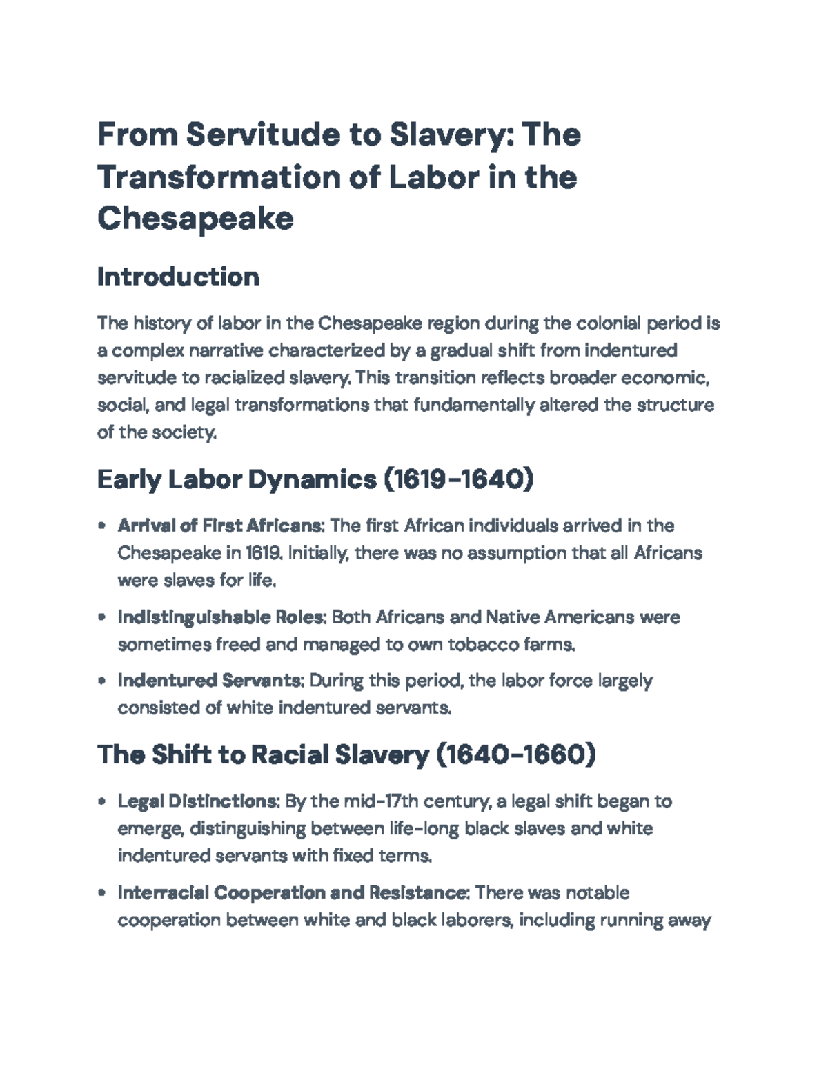 From Indentured Servitude to Racial Slavery in the Chesapeake Region ...