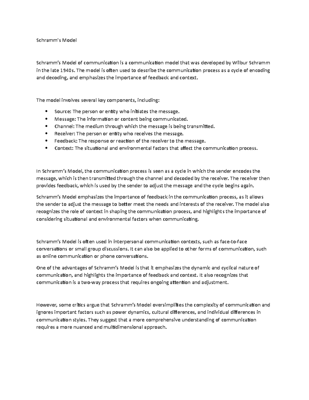 Schramm's Model of Communication: Key Concepts and Applications - Studocu