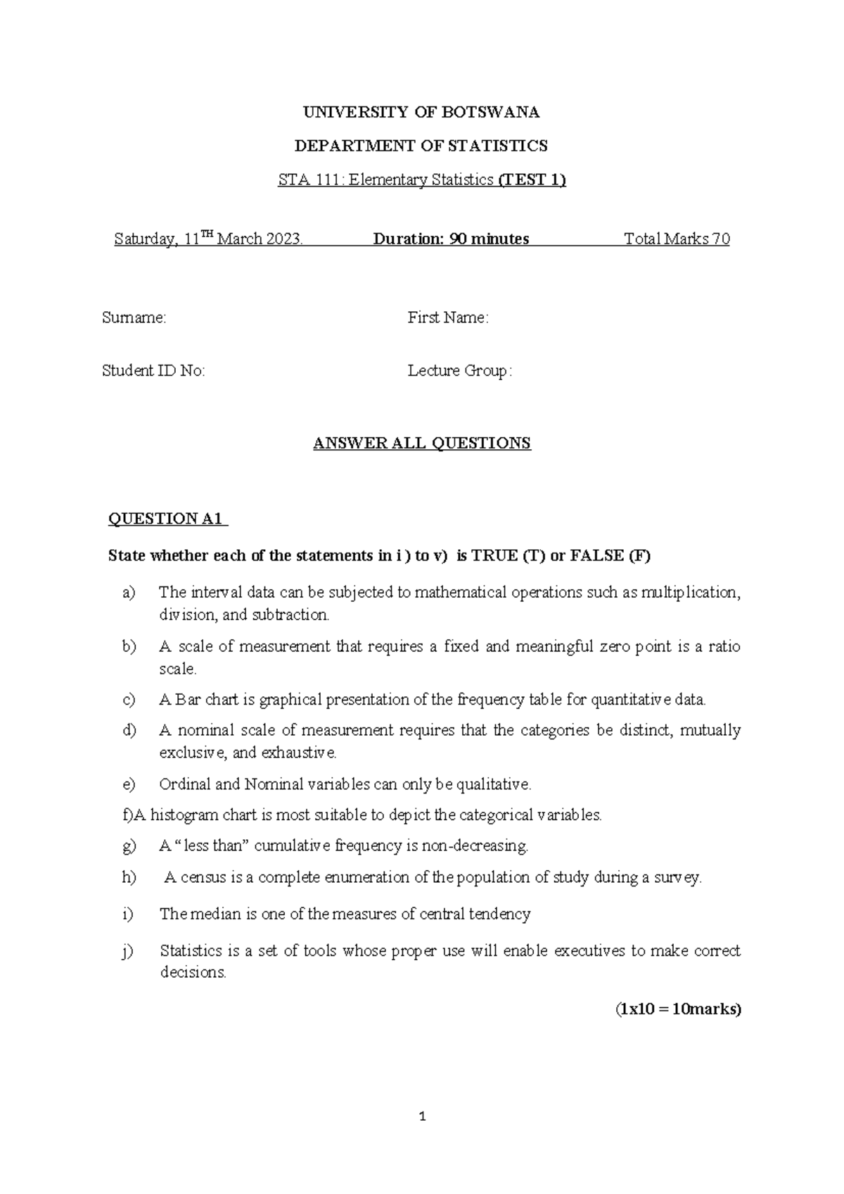 STA111 - Test 1 2022 2023 Sem 2 - UNIVERSITY OF BOTSWANA DEPARTMENT OF ...