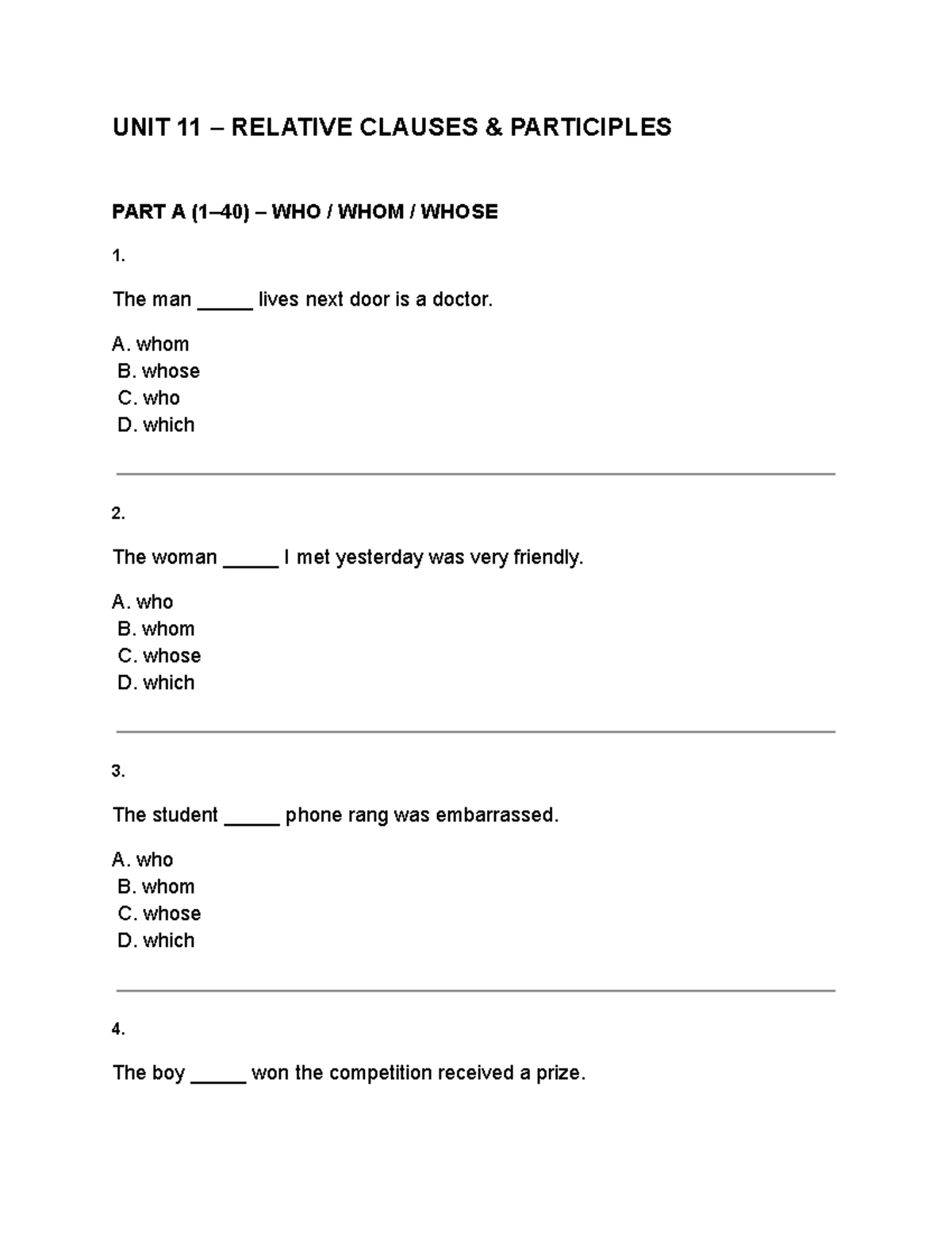 UNIT 11 - Relative Clauses & Participles: Exercises and Answers - Studocu