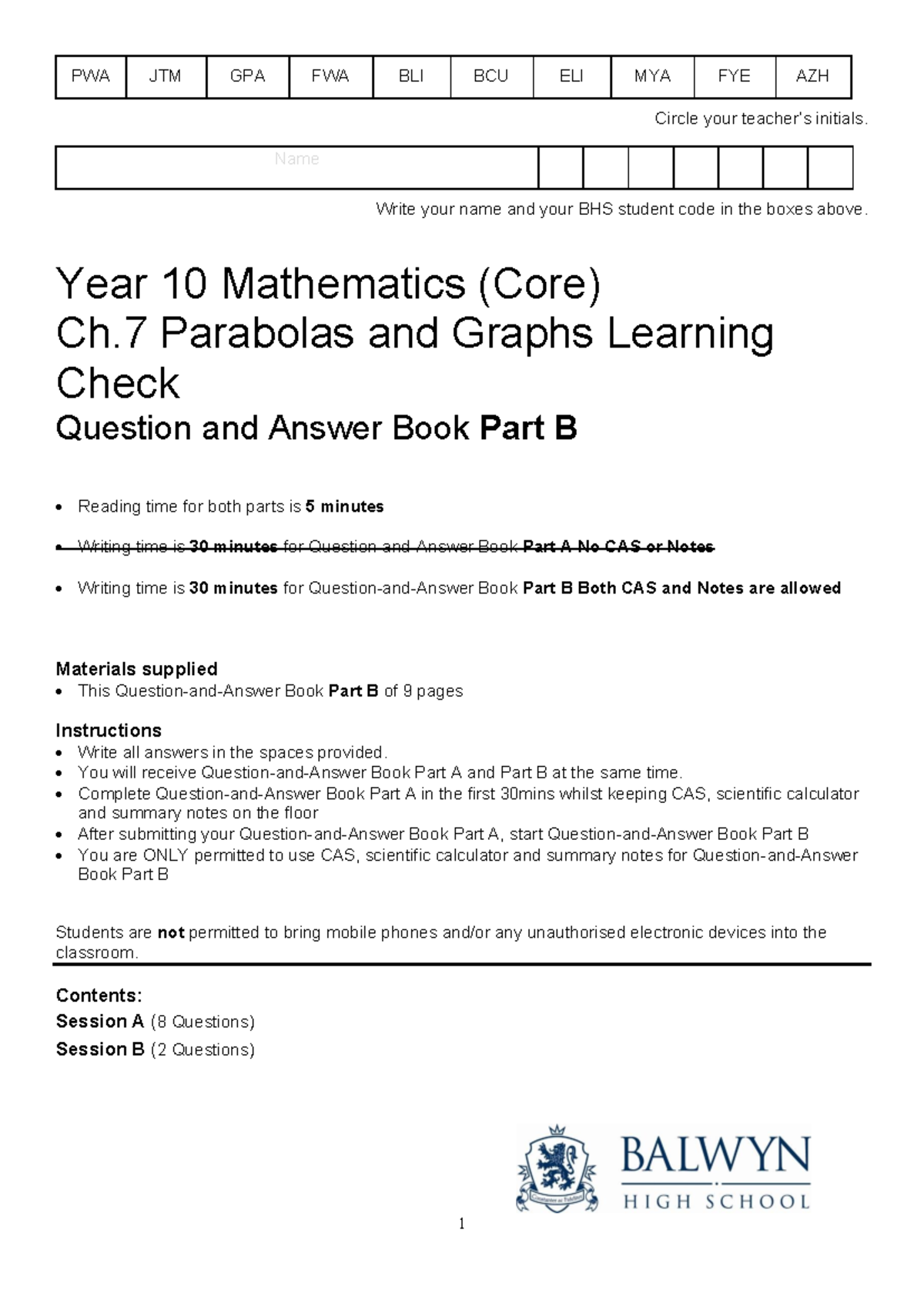 Ch.7 Parabolas Learning Check Part B - Year 10 Math - Studocu