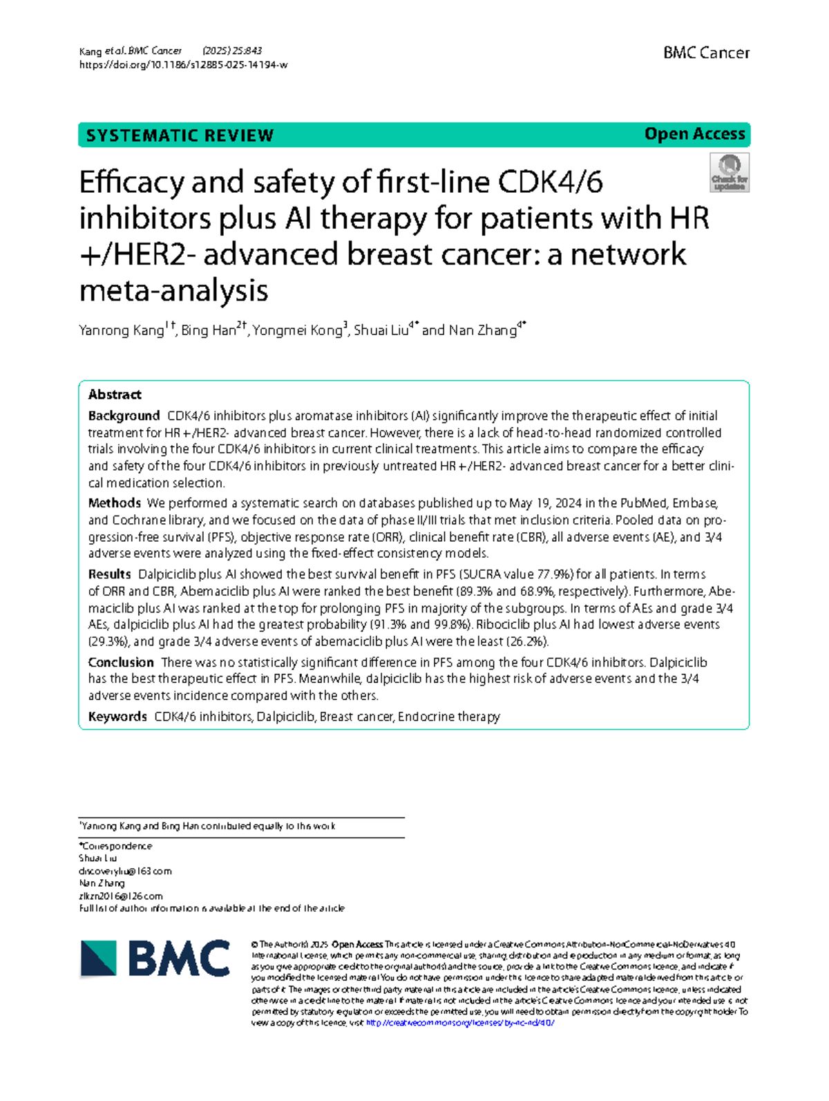Efficacy and Safety of Inhibitors Plus AI Therapy in HR Advanced Breast ...